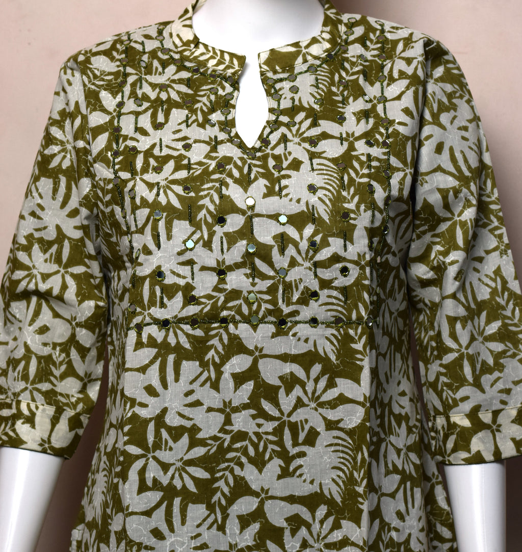 Women's Olive Green Floral Printed Churidar Top | 3/4 Sleeves | Round Neck | Kurti Top Only