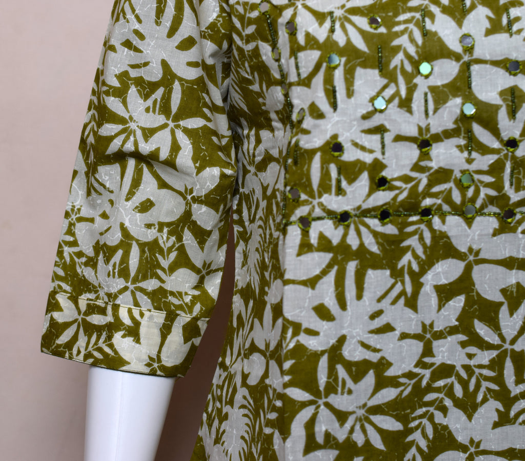 Women's Olive Green Floral Printed Churidar Top | 3/4 Sleeves | Round Neck | Kurti Top Only