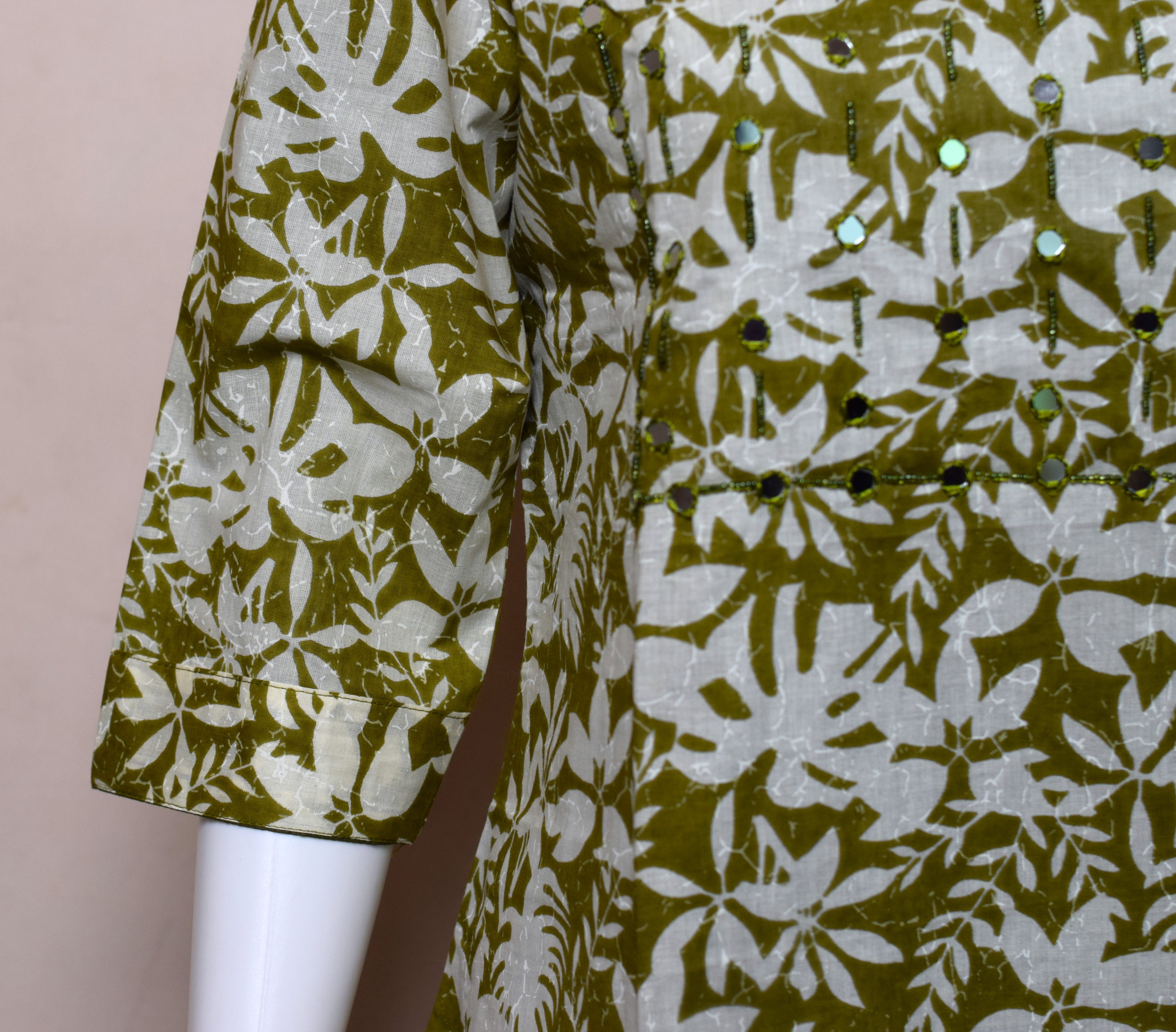 Women's Olive Green Floral Printed Churidar Top | 3/4 Sleeves | Round Neck | Kurti Top Only