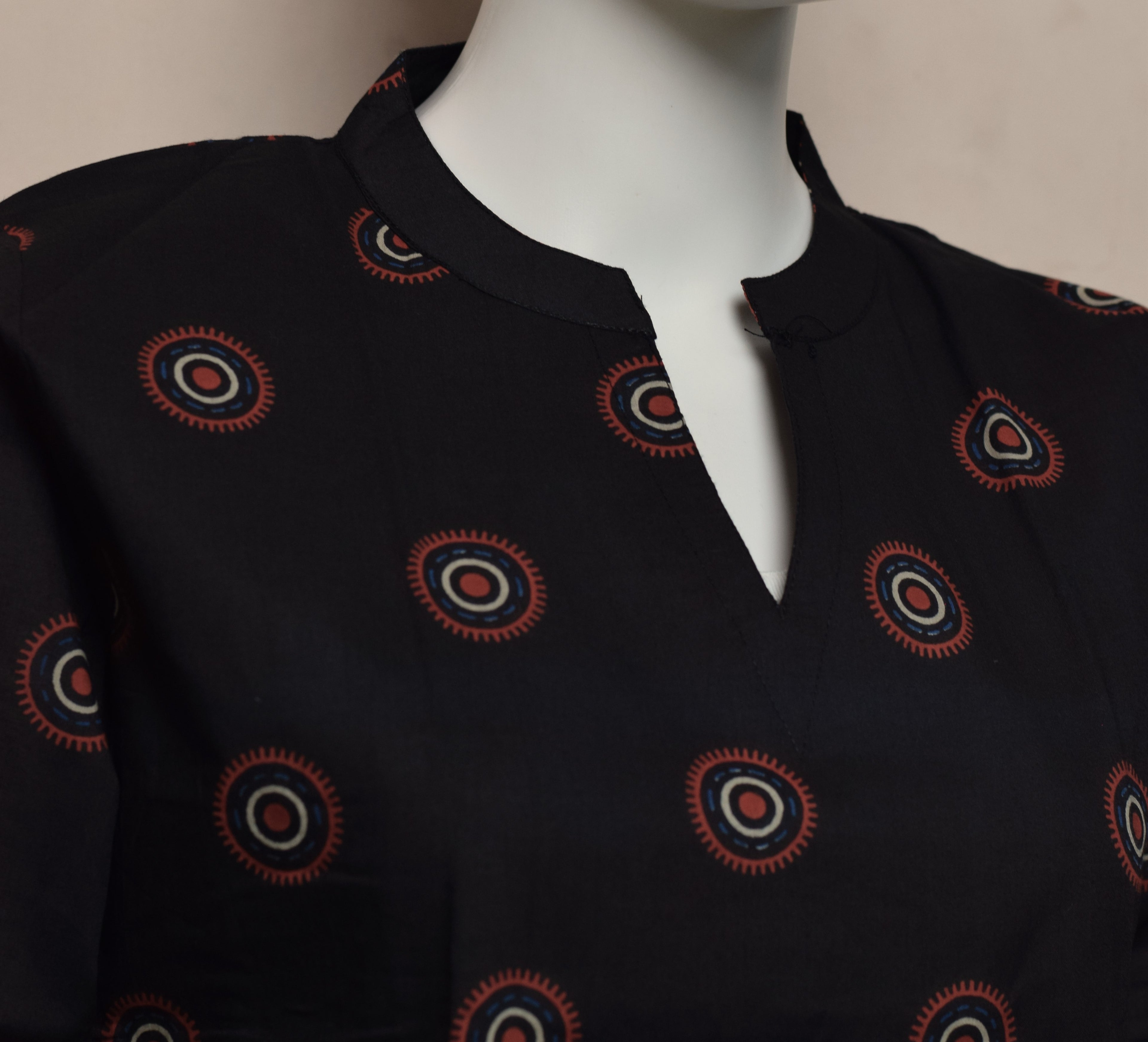 Women's Black Printed Churidar Top | 3/4 Sleeve Straight Kurti | Mandarin Neck | Top Only