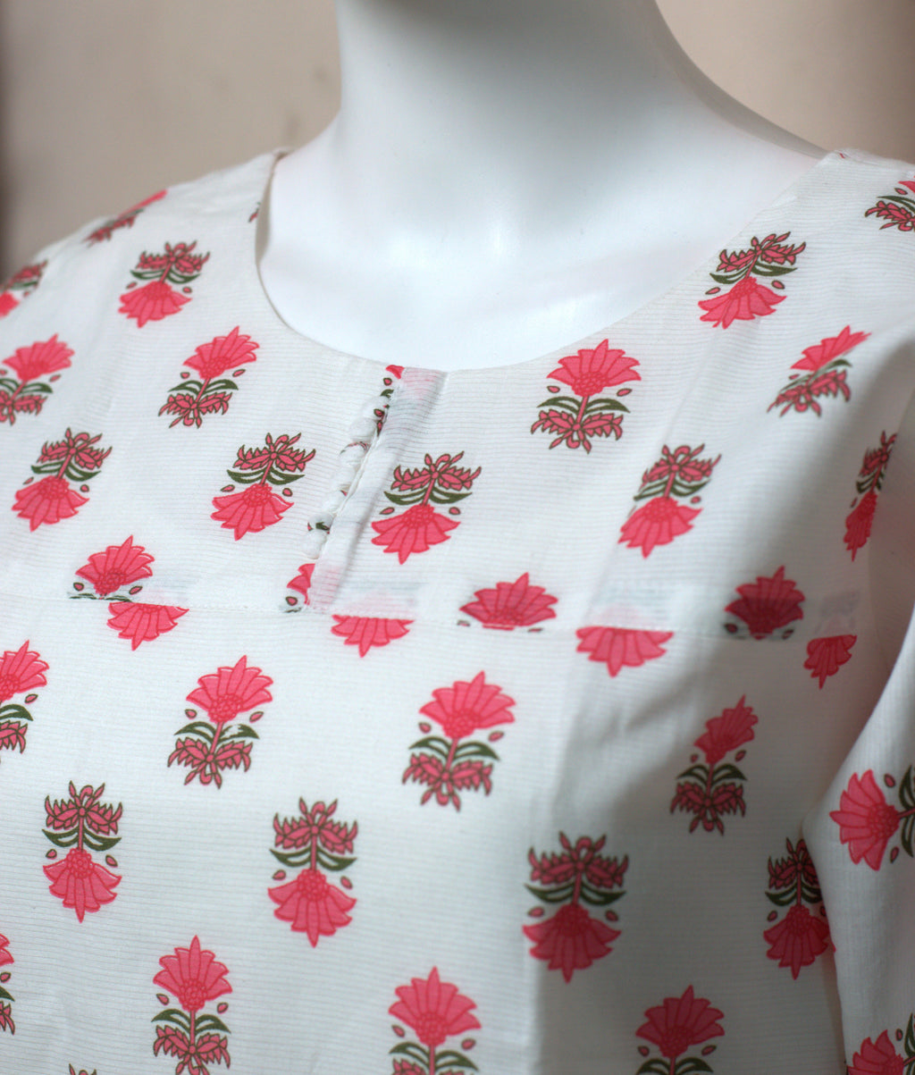 Women's White Floral Printed Churidar Top | Straight Fit 3/4 Sleeve Kurti (Top Only)