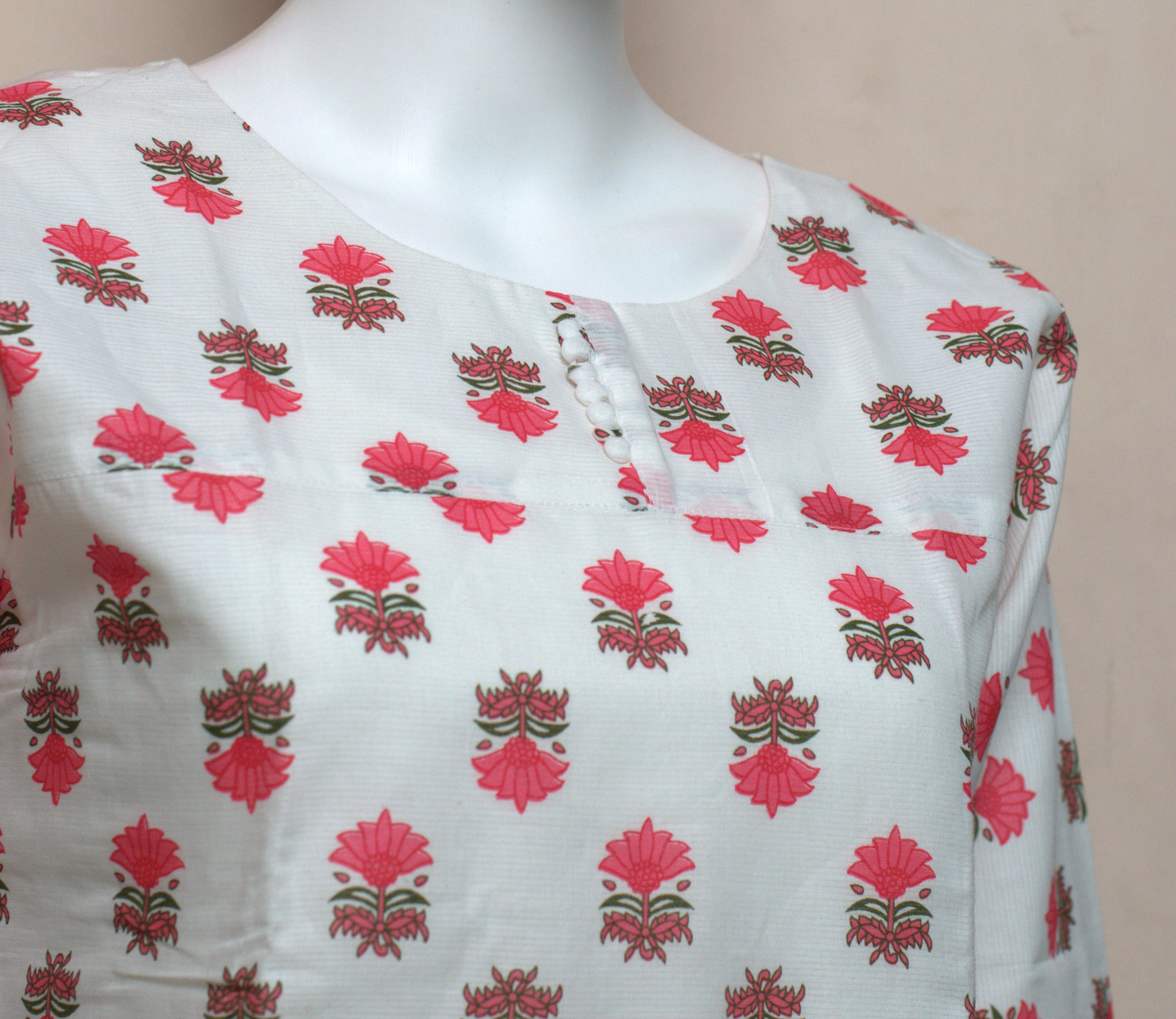 Women's White Floral Printed Churidar Top | Straight Fit 3/4 Sleeve Kurti (Top Only)
