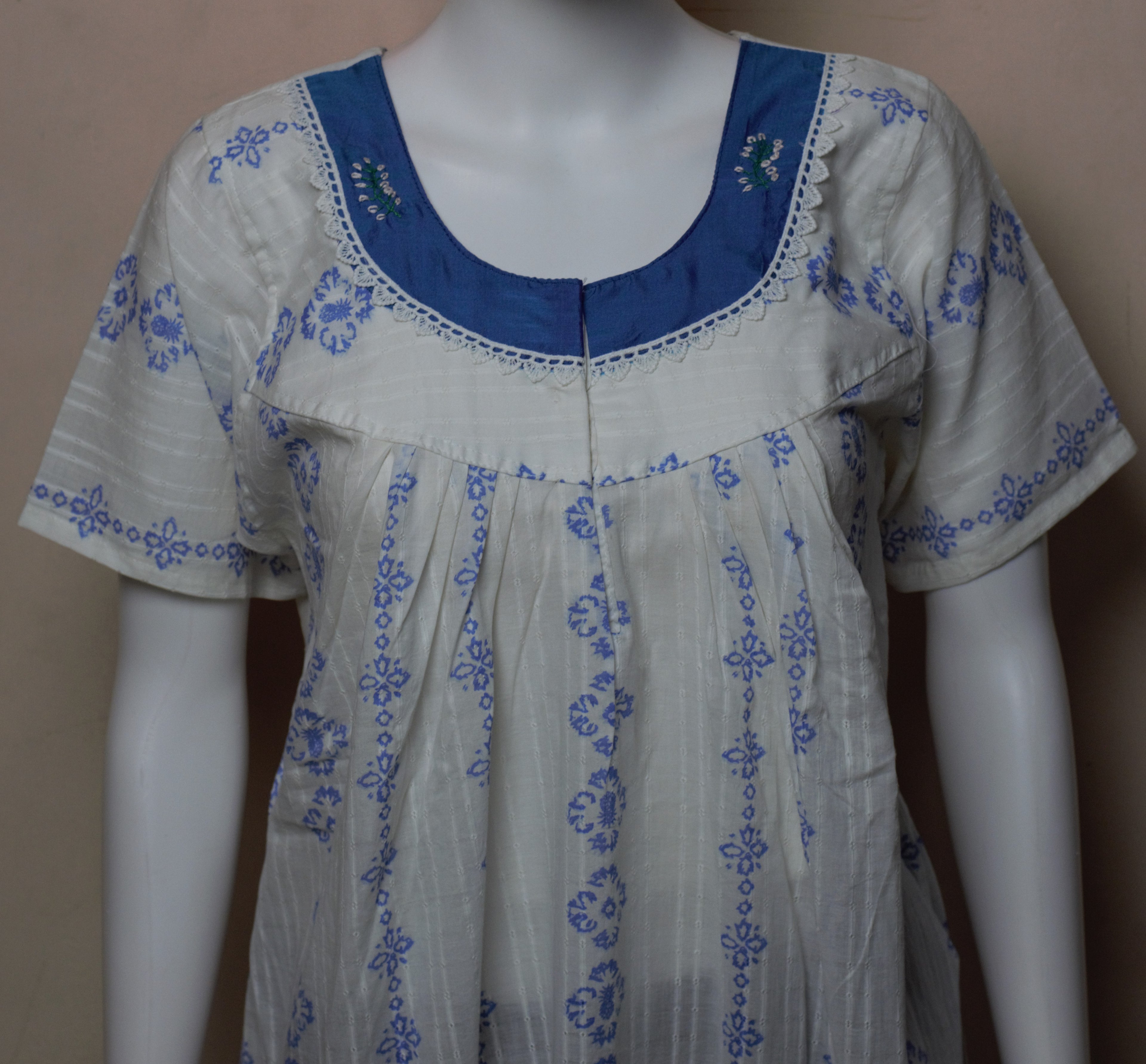 Women's& Cotton Full Length Printed Nighty with Lace Neck Design | 56" Length | White & Blue
