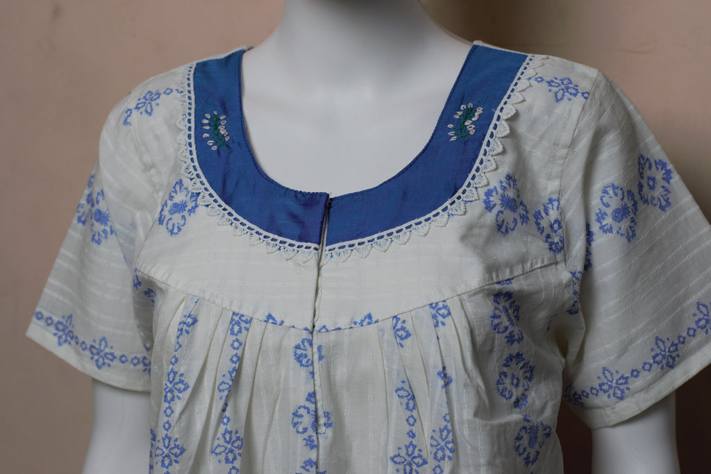 Women's& Cotton Full Length Printed Nighty with Lace Neck Design | 56" Length | White & Blue
