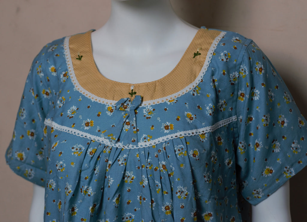 Women's Floral Printed Full Length Nighty – Sky Blue | Comfortable Daily Wear