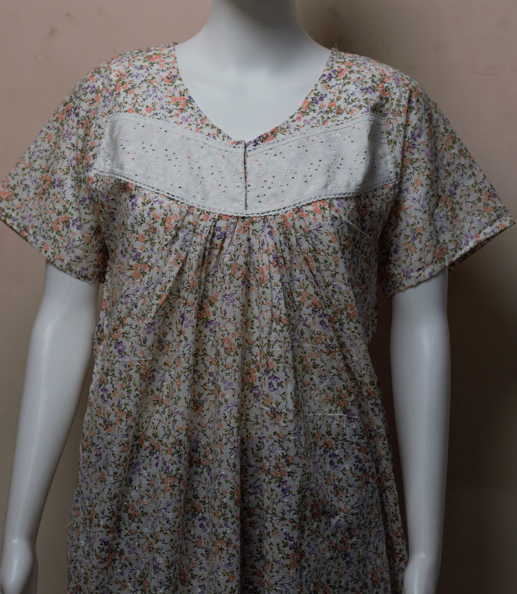 Women's Full Length Cotton Floral Printed Nighty with Embroidered Yoke – Comfortable Daily Wear