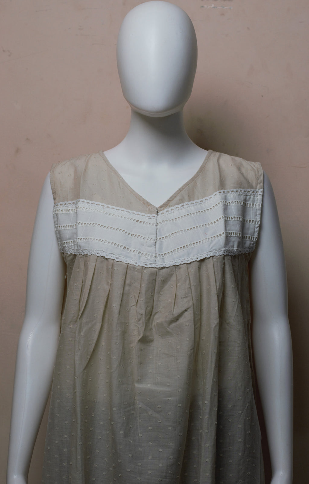 Women's Beige Cotton Knee Length Nighty with White Lace Yoke | Soft Sleeveless Night Dress (48")