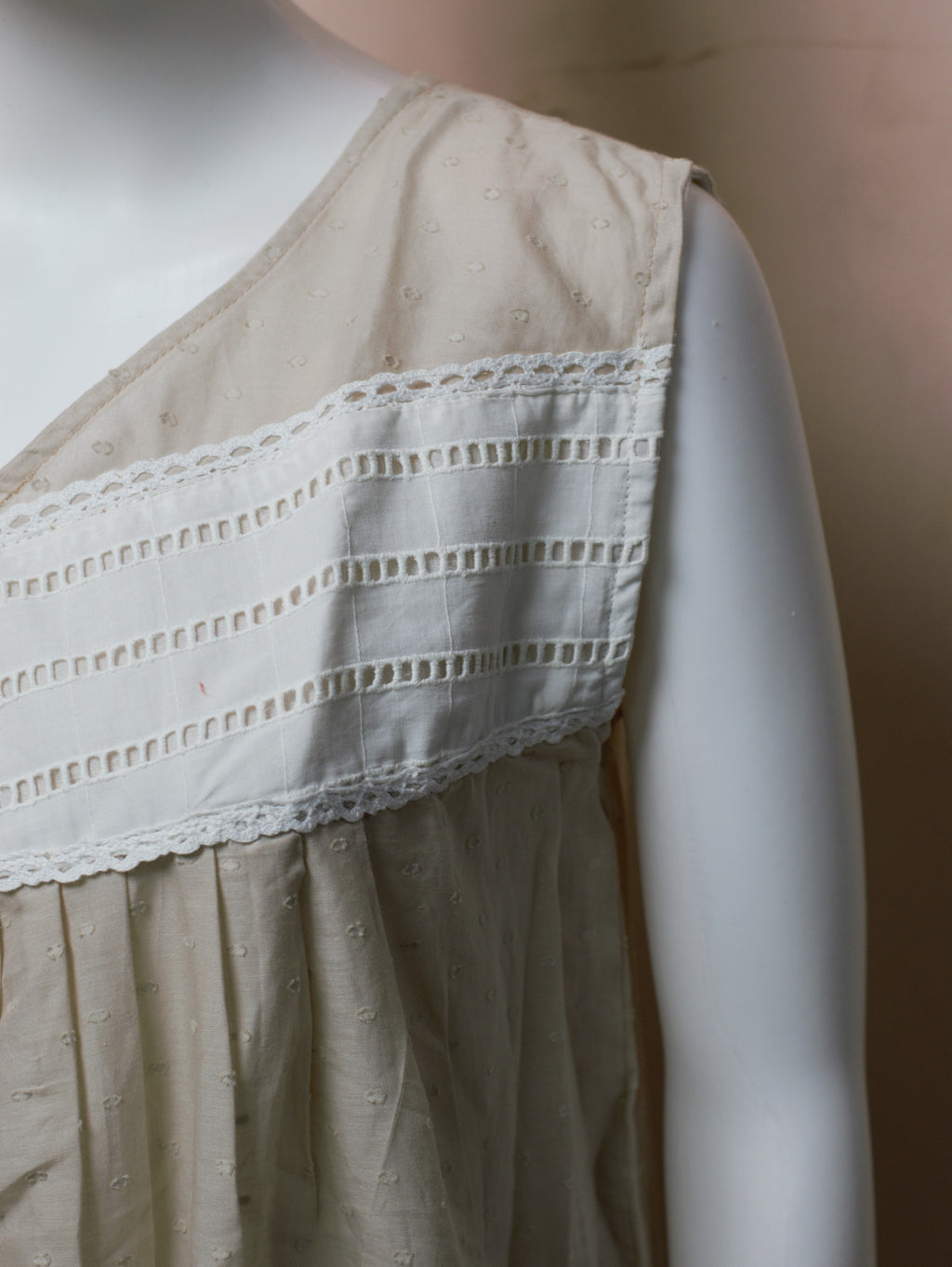 Women's Beige Cotton Knee Length Nighty with White Lace Yoke | Soft Sleeveless Night Dress (48")