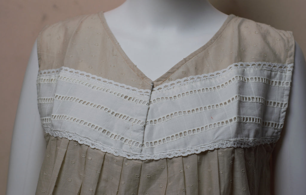 Women's Beige Cotton Knee Length Nighty with White Lace Yoke | Soft Sleeveless Night Dress (48")