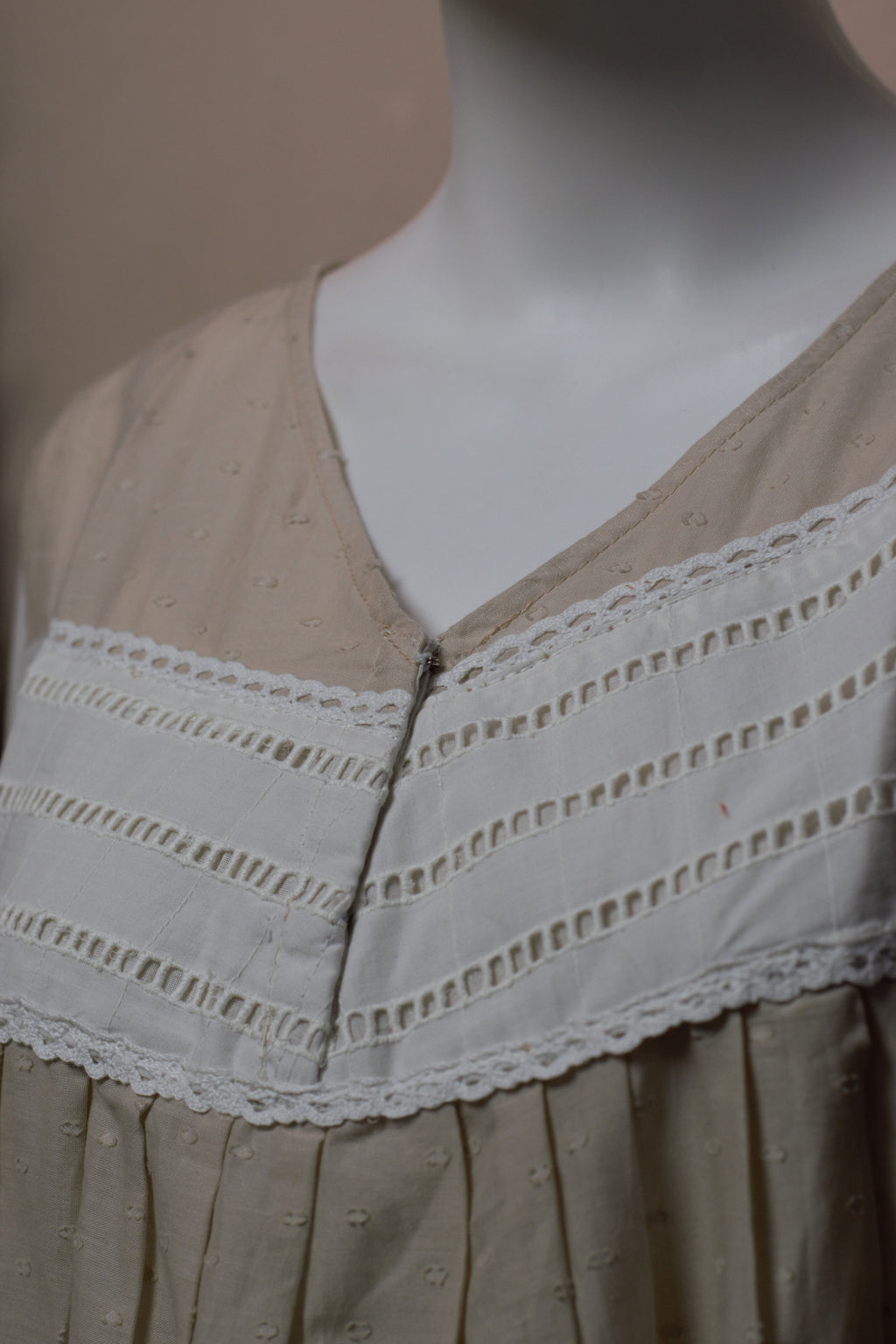 Women's Beige Cotton Knee Length Nighty with White Lace Yoke | Soft Sleeveless Night Dress (48")