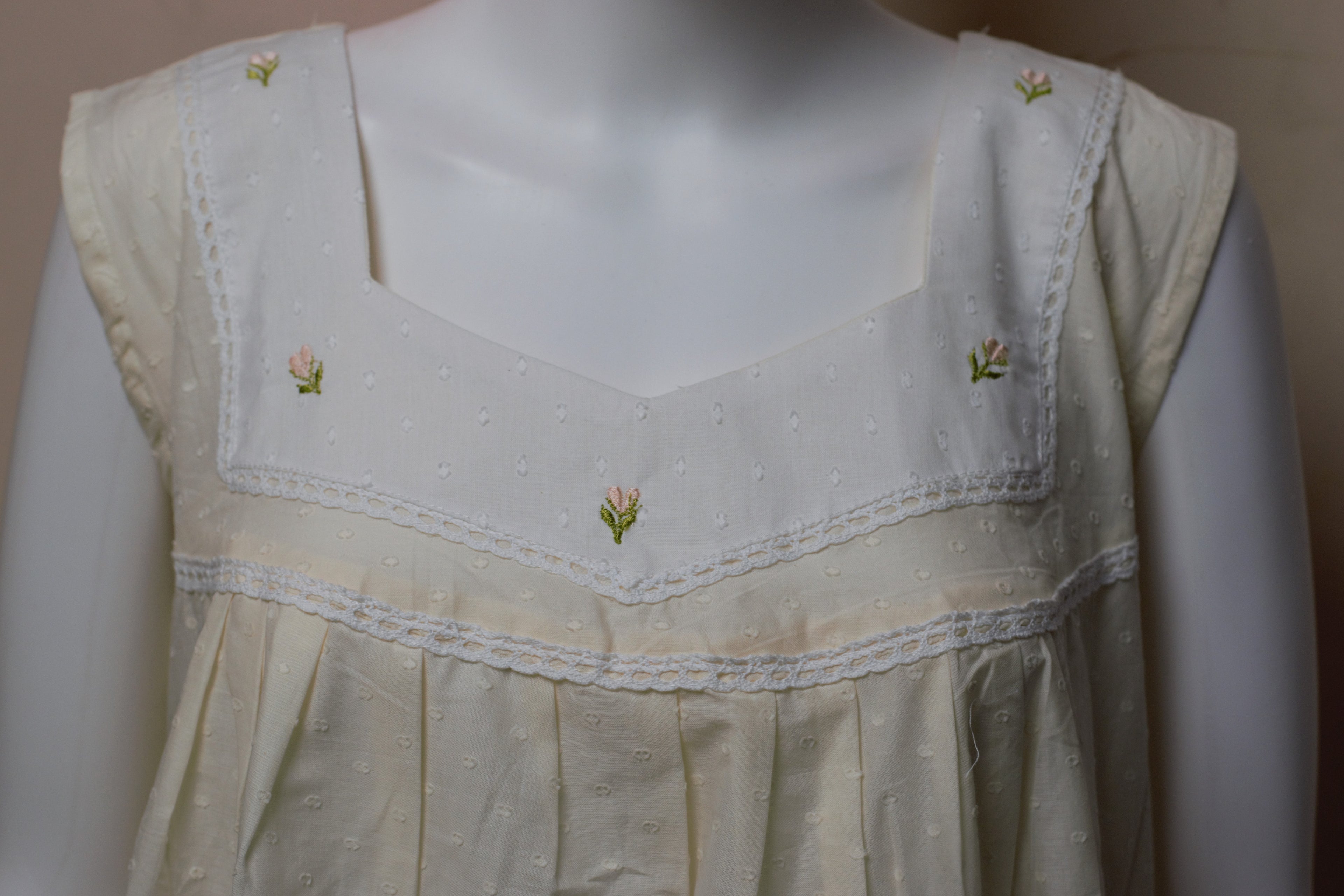 Women's Premium Cotton Knee Length Nighty | Embroidered Floral Sleeveless Night Dress | 53" Length | Cream White