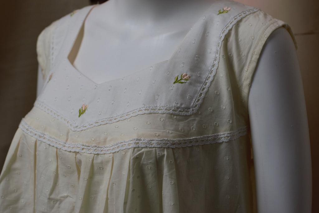 Women's Premium Cotton Knee Length Nighty | Embroidered Floral Sleeveless Night Dress | 53" Length | Cream White