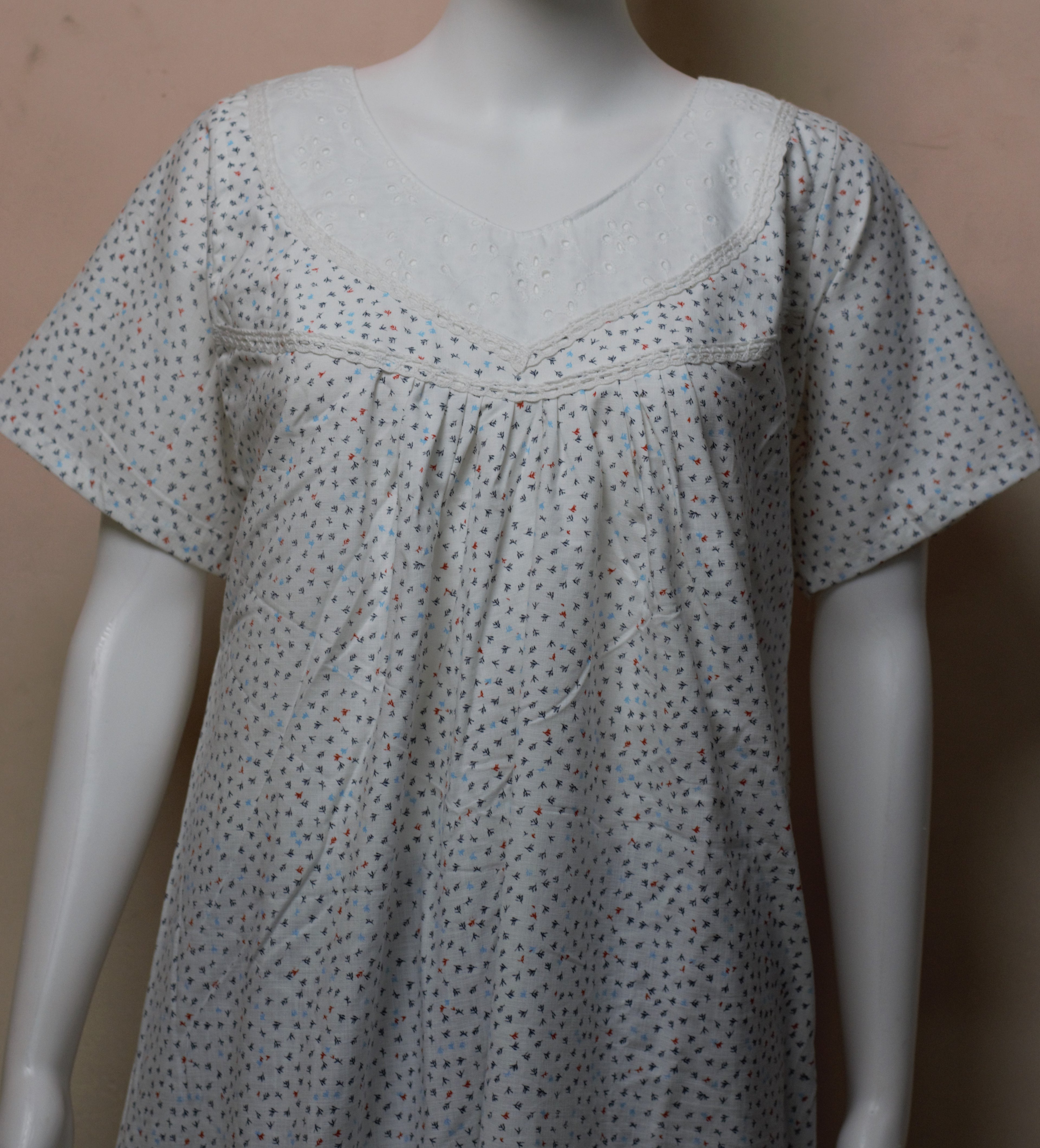 Women's Cotton Printed Full Length Nighty with Hakoba Yoke & Lace Trim – 54 Inch Length