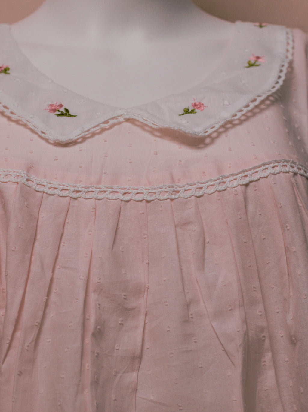 Women's Cotton Knee Length Nighty with Embroidered Peter Pan Collar – 50" Length – Light Pink