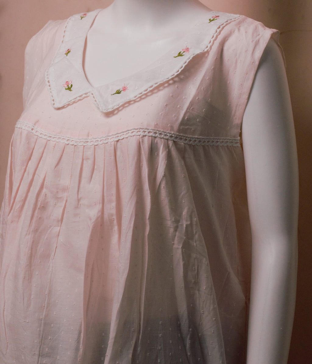 Women's Cotton Knee Length Nighty with Embroidered Peter Pan Collar – 50" Length – Light Pink