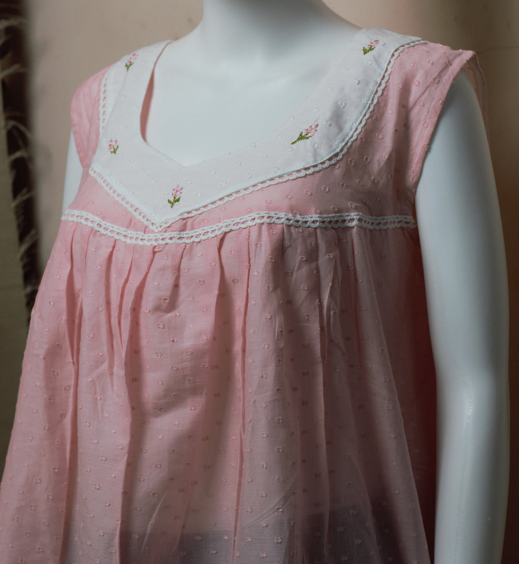 Women's Cotton Knee Length Nighty with Embroidered Yoke & Lace Trim – 46" Length | Pink