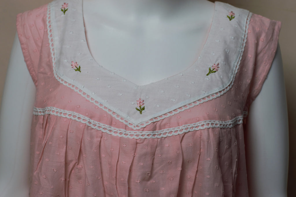 Women's Cotton Knee Length Nighty with Embroidered Yoke & Lace Trim – 46" Length | Pink