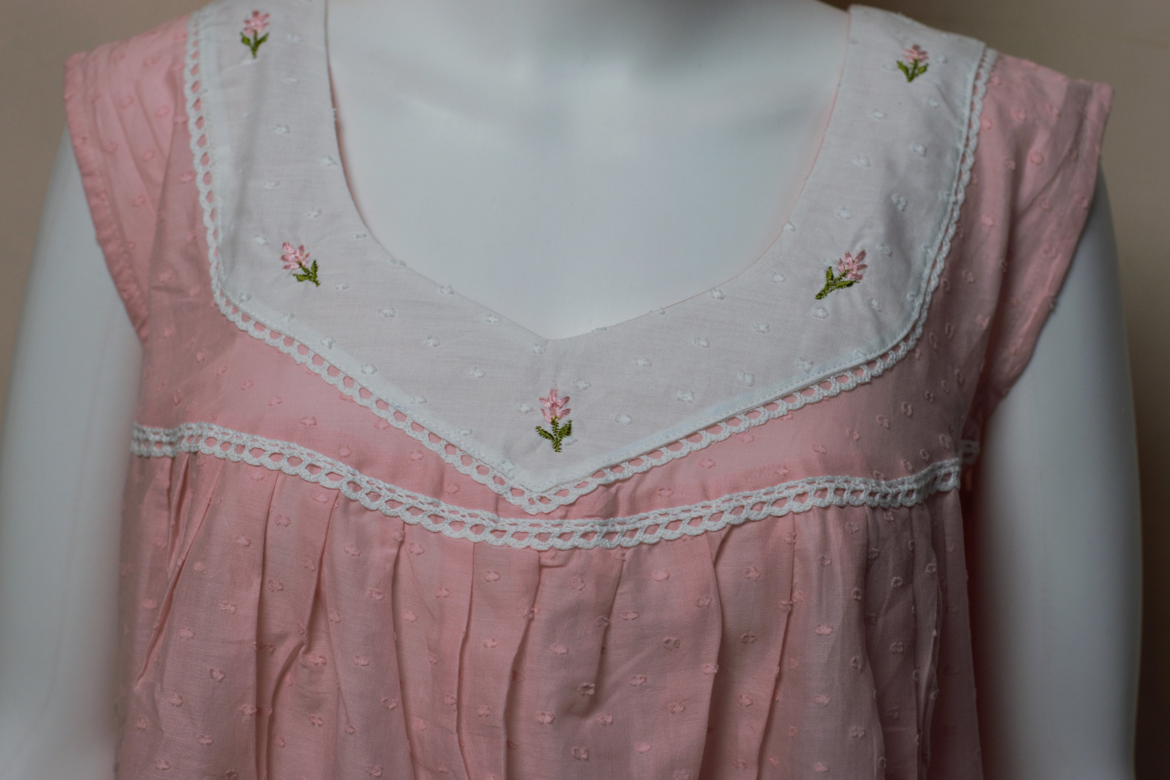 Women's Cotton Knee Length Nighty with Embroidered Yoke & Lace Trim – 46" Length | Pink