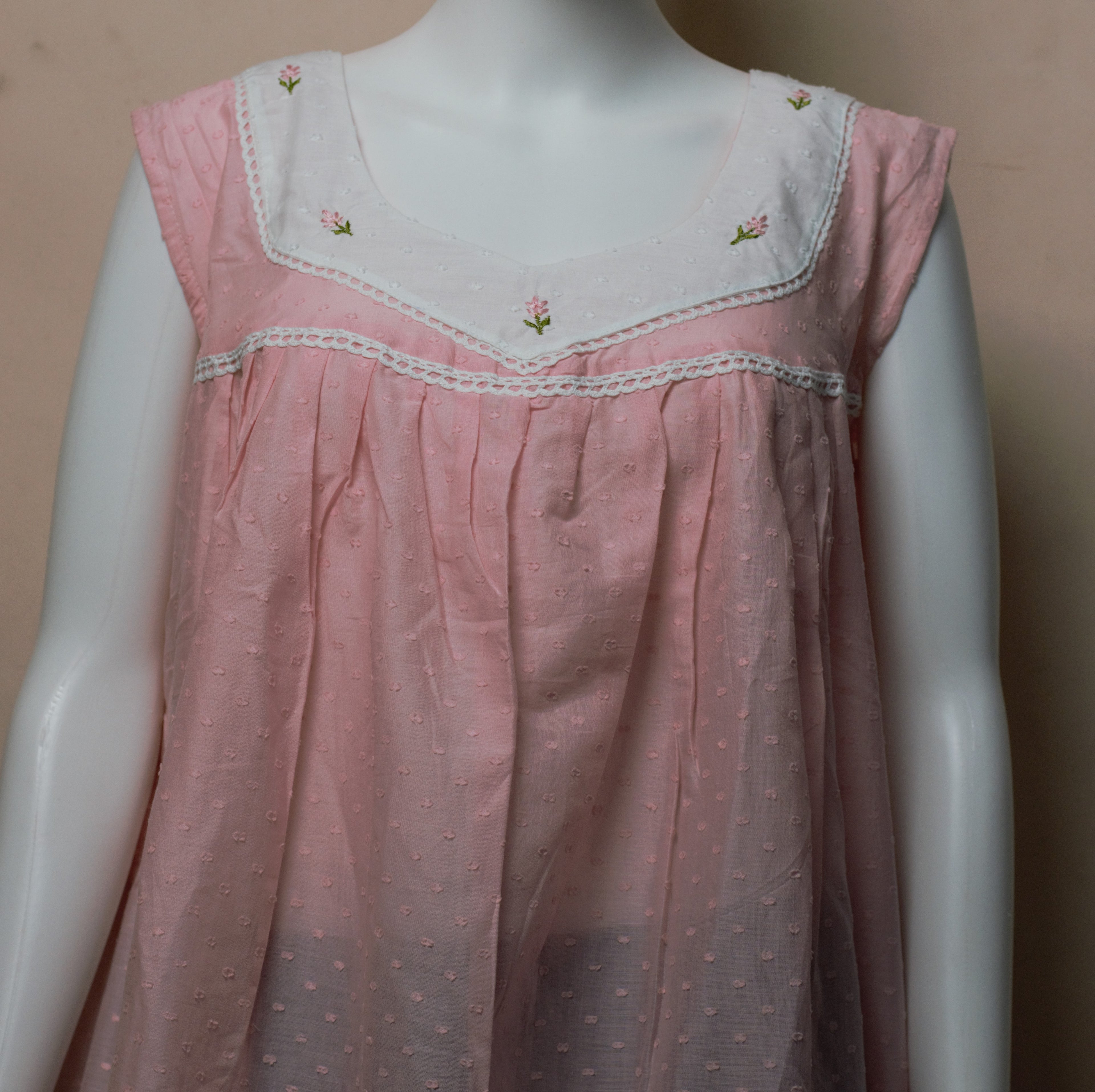 Women's Cotton Knee Length Nighty with Embroidered Yoke & Lace Trim – 46" Length | Pink