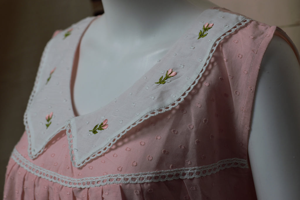 Women's Cotton Knee Length Nighty with Embroidered Peter Pan Collar – Pink | 45 Inch Length