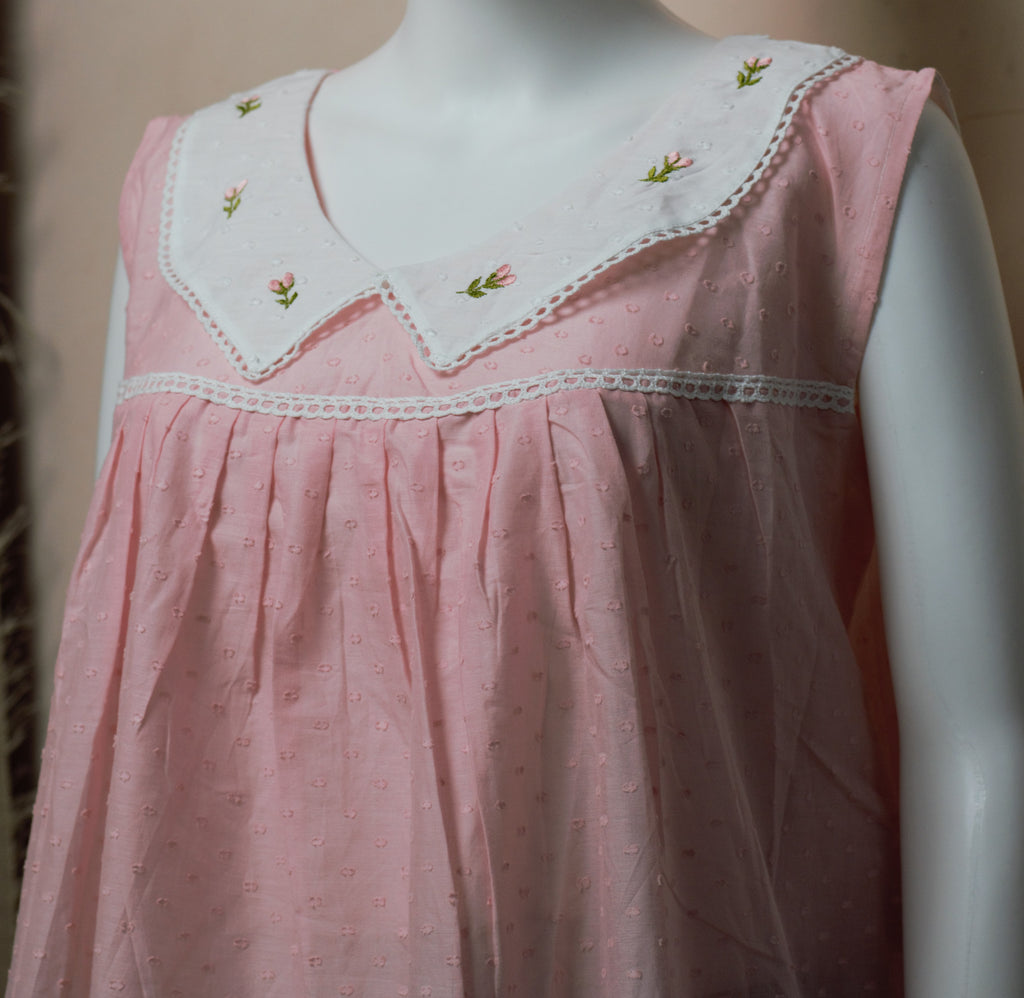 Women's Cotton Knee Length Nighty with Embroidered Peter Pan Collar – Pink | 45 Inch Length