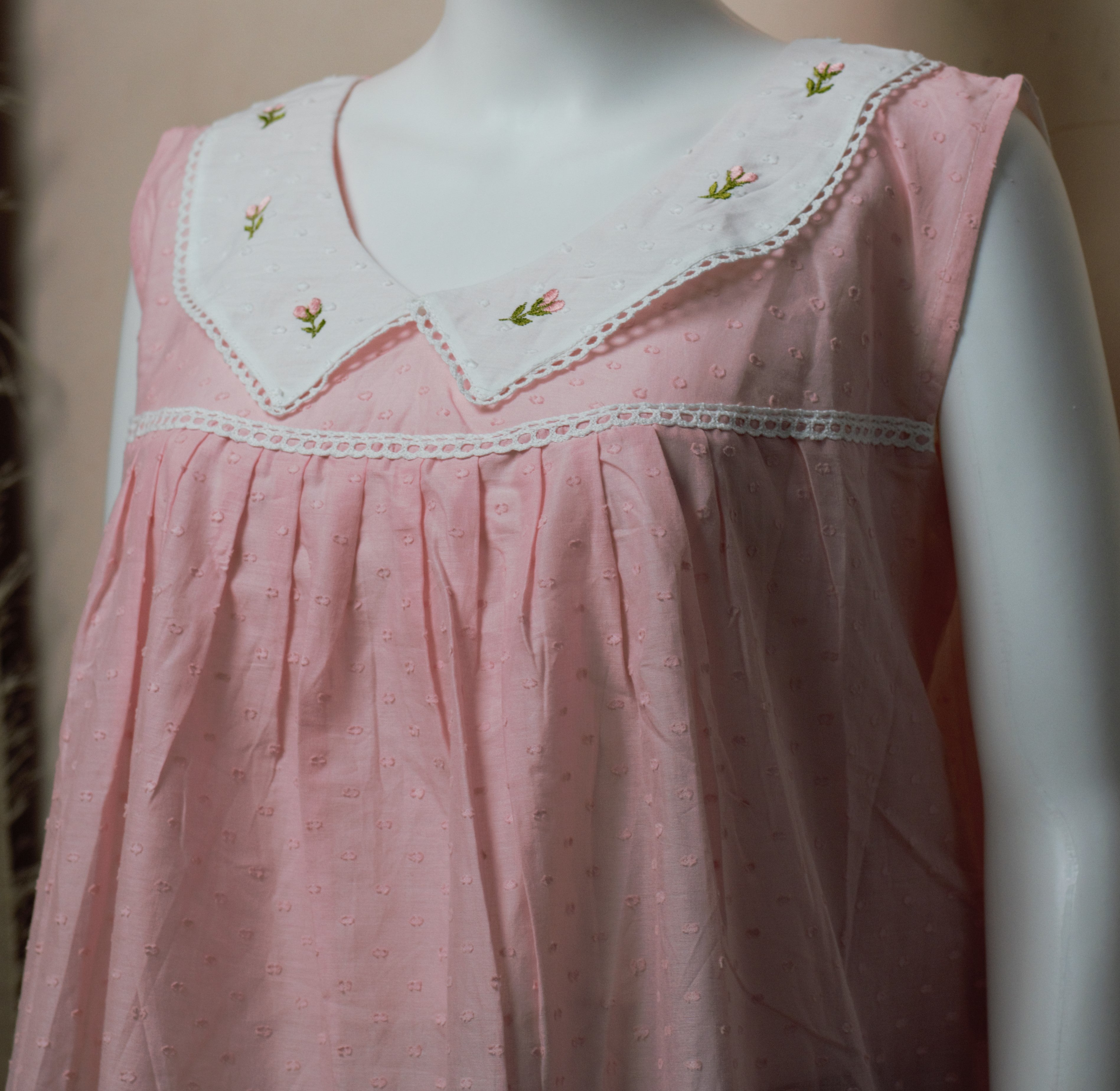 Women's Cotton Knee Length Nighty with Embroidered Peter Pan Collar – Pink | 45 Inch Length