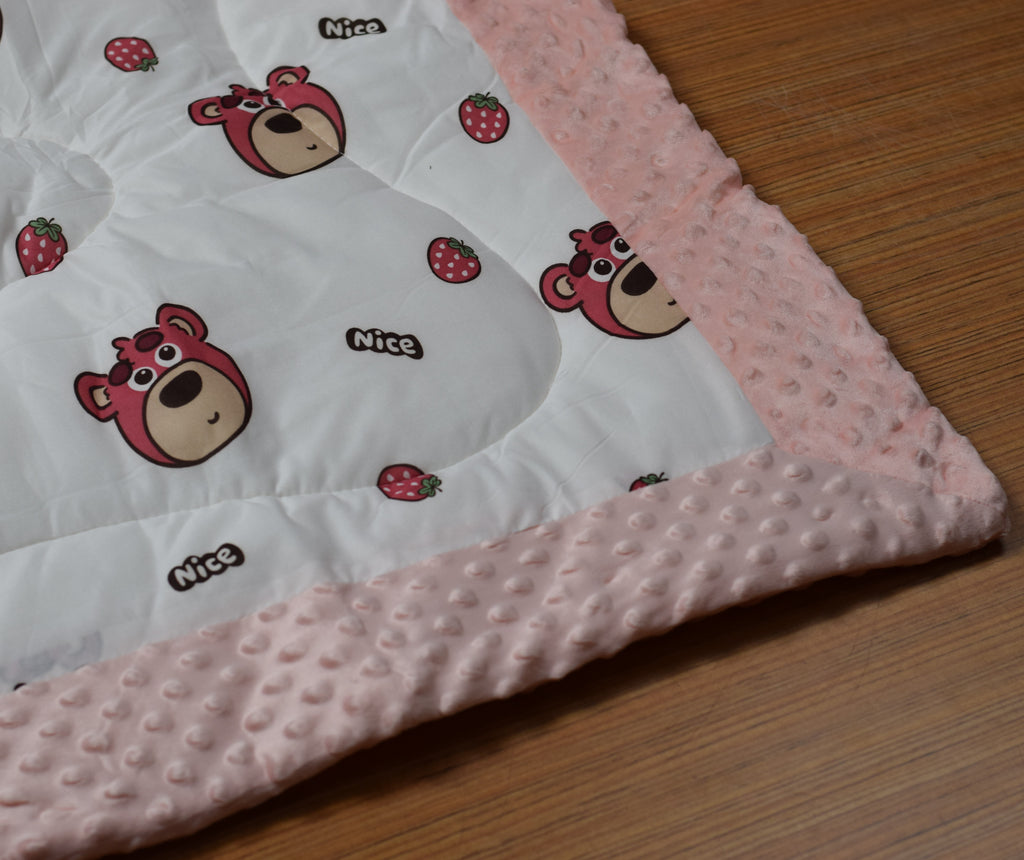 95x95cm Ultra Soft Baby Minky Blanket – Plush Double Layer Receiving & Swaddle Blanket | Peach &amp; White Teddy Bear Print