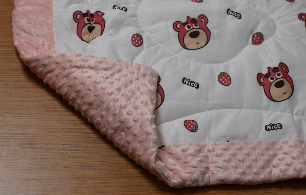 95x95cm Ultra Soft Baby Minky Blanket – Plush Double Layer Receiving & Swaddle Blanket | Peach &amp; White Teddy Bear Print