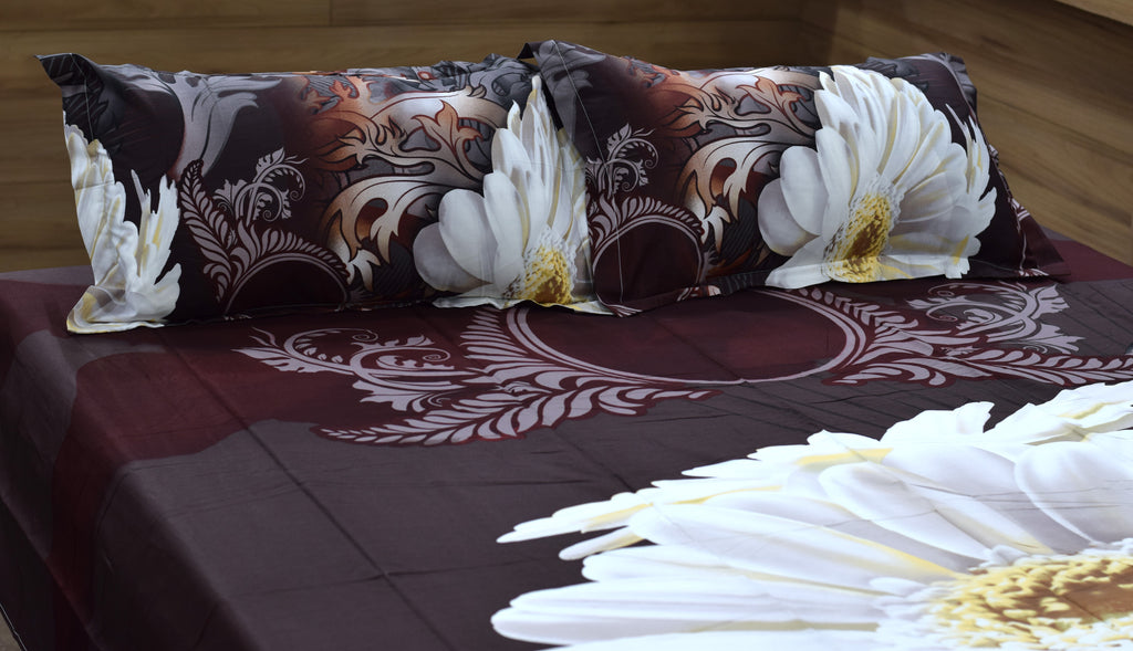 Floral Printed Double Bedspread with 2 Pillow Covers | White Daisy & Brown Leaf Design | 84 x 100 Inches