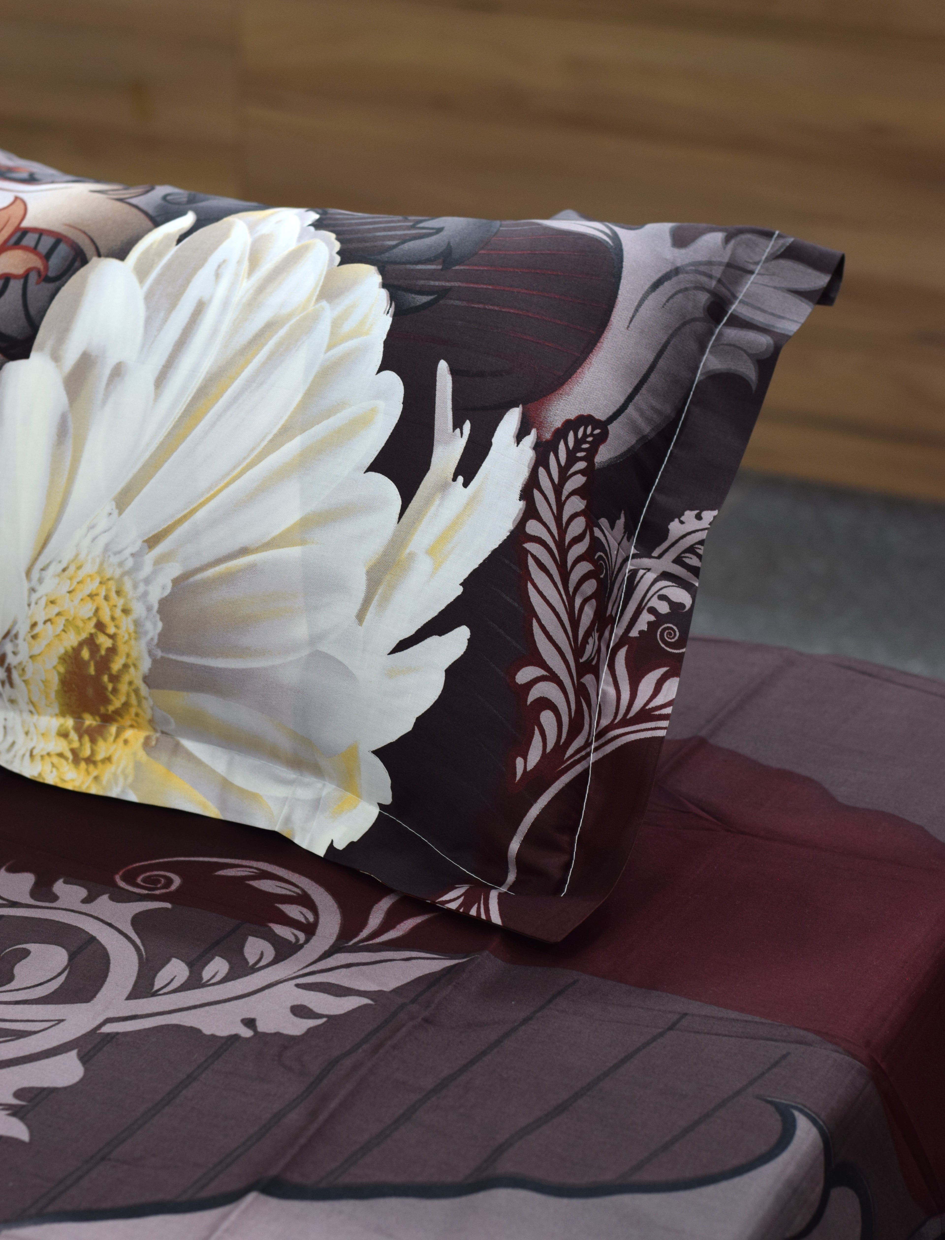 Floral Printed Double Bedspread with 2 Pillow Covers | White Daisy & Brown Leaf Design | 84 x 100 Inches