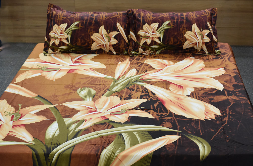King Size Floral Printed Bedsheet with 2 Pillow Covers |  Comfortable Bed Sheet Set | Brown Lily Design