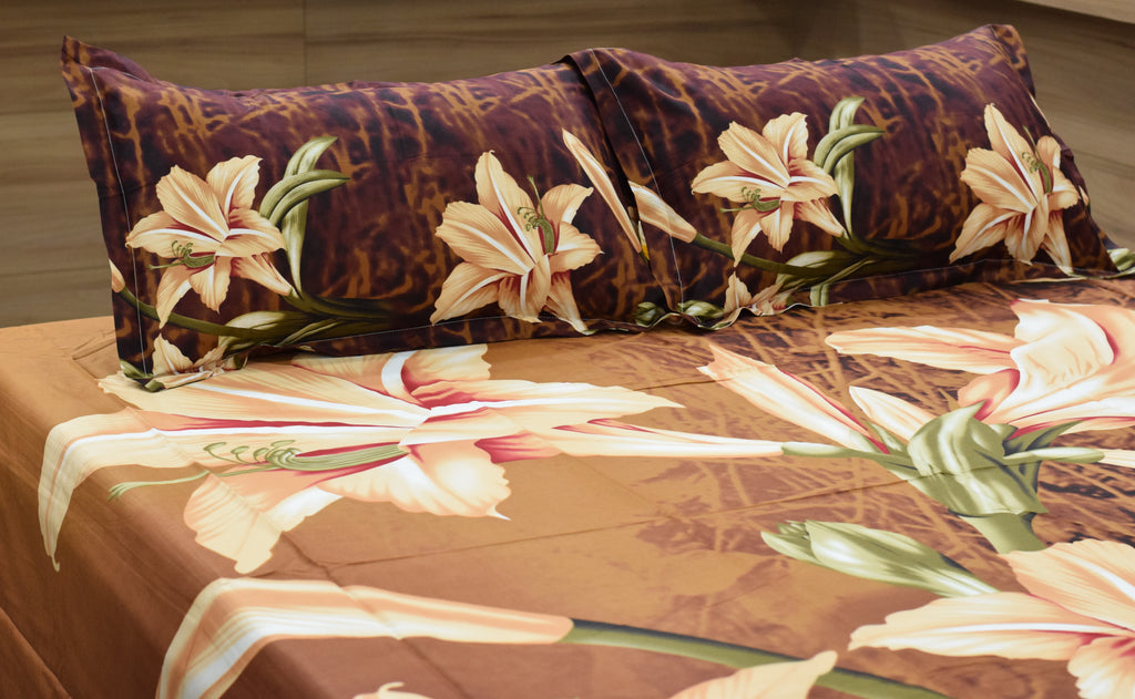 King Size Floral Printed Bedsheet with 2 Pillow Covers |  Comfortable Bed Sheet Set | Brown Lily Design