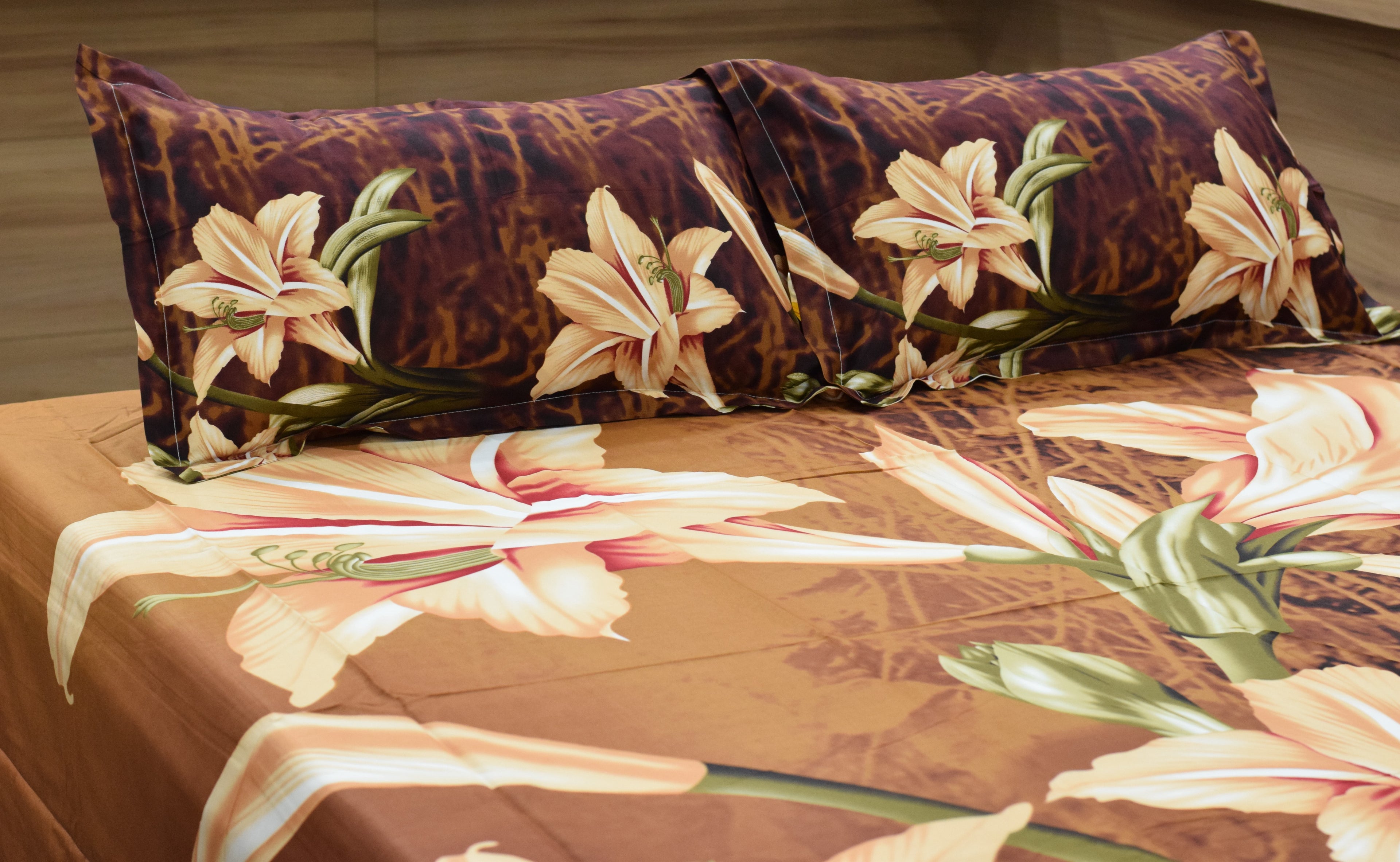 King Size Floral Printed Bedsheet with 2 Pillow Covers |  Comfortable Bed Sheet Set | Brown Lily Design