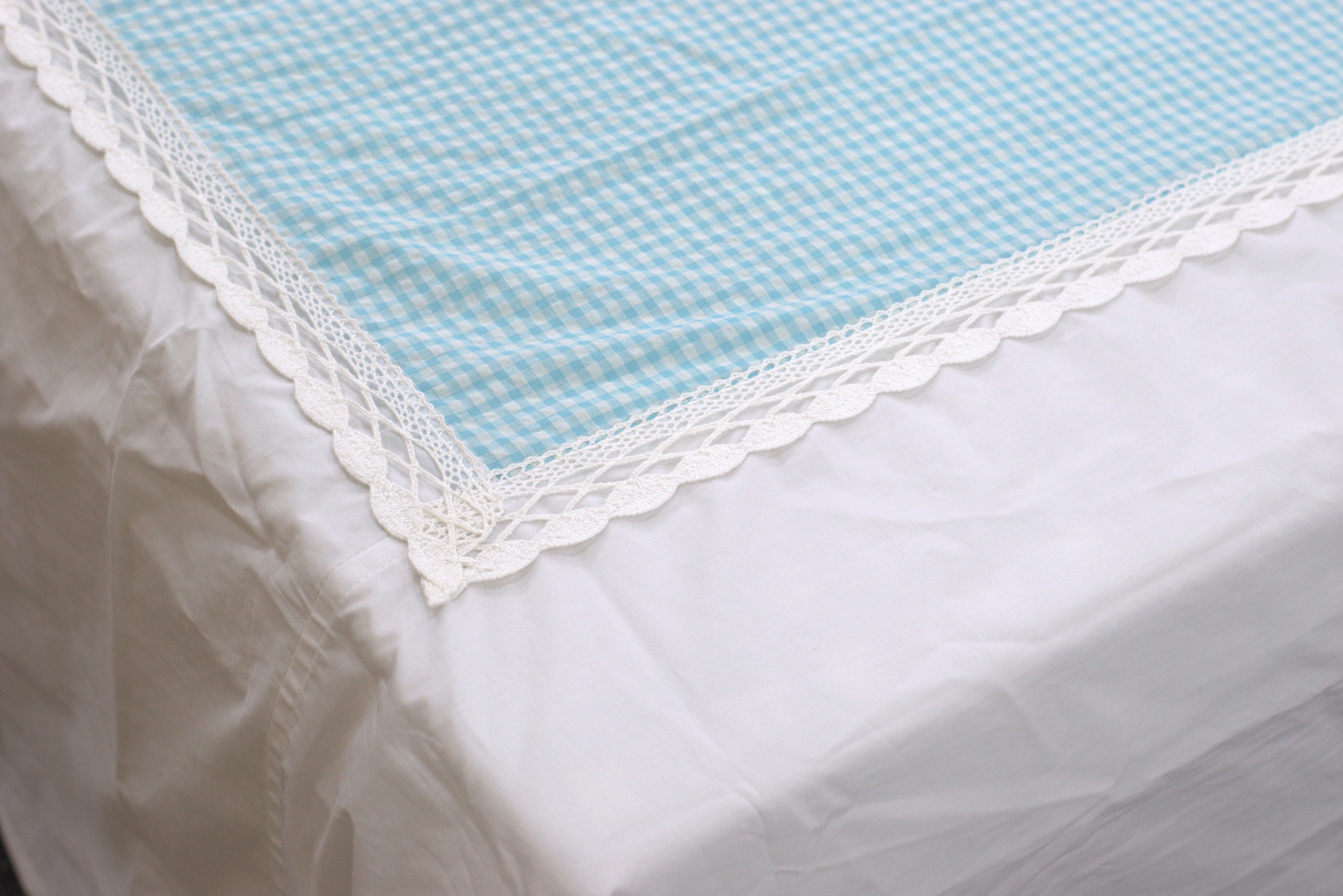 King Size Cotton Bedsheet with 2 Pillow Covers | White & Sky Blue Checked Design | Elegant Lace Border