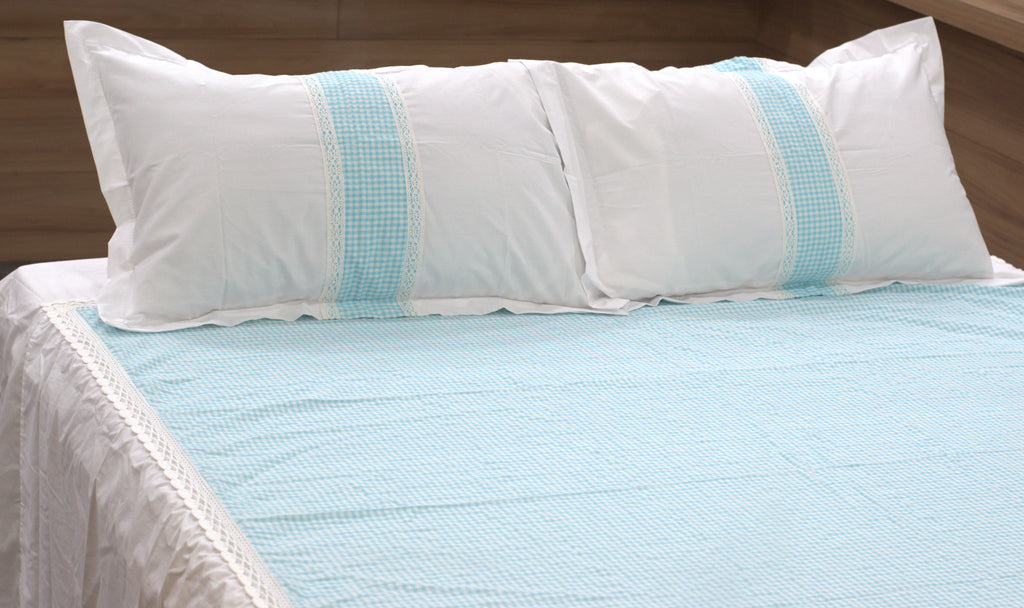 King Size Cotton Bedsheet with 2 Pillow Covers | White & Sky Blue Checked Design | Elegant Lace Border