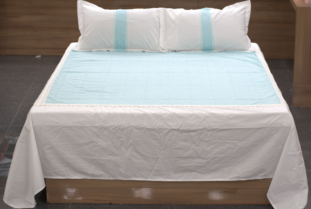 King Size Cotton Bedsheet with 2 Pillow Covers | White & Sky Blue Checked Design | Elegant Lace Border
