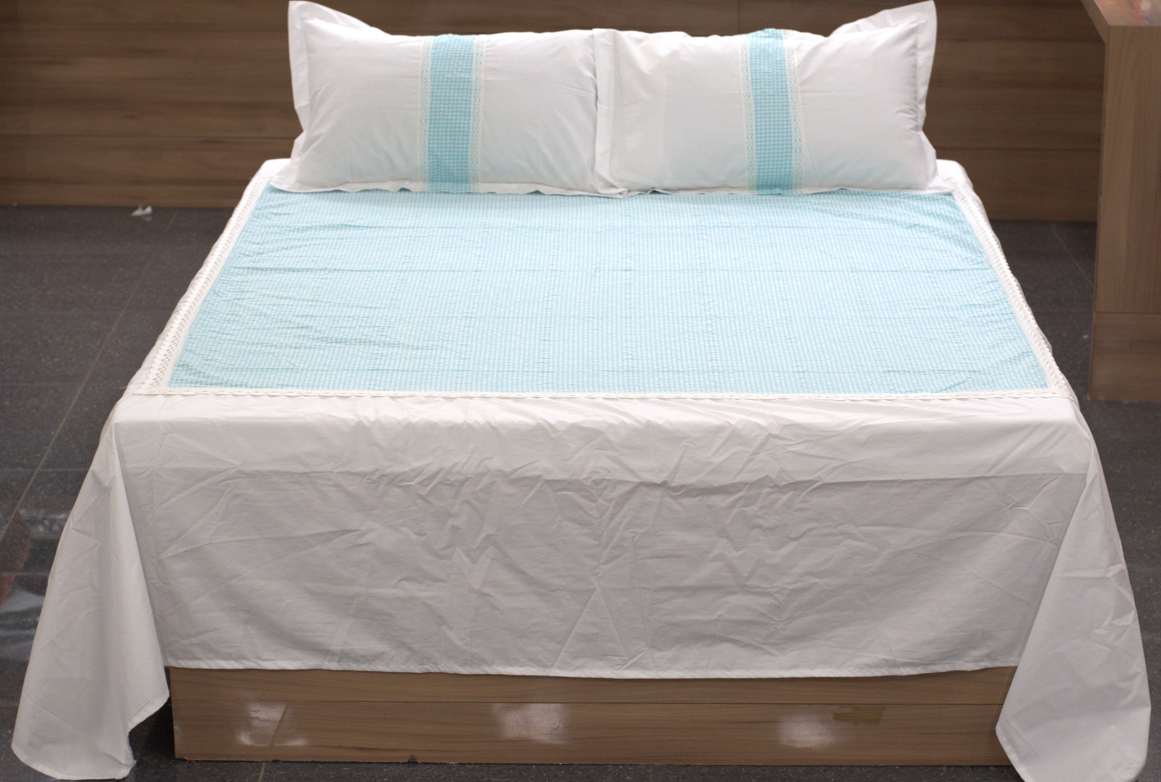 King Size Cotton Bedsheet with 2 Pillow Covers | White & Sky Blue Checked Design | Elegant Lace Border