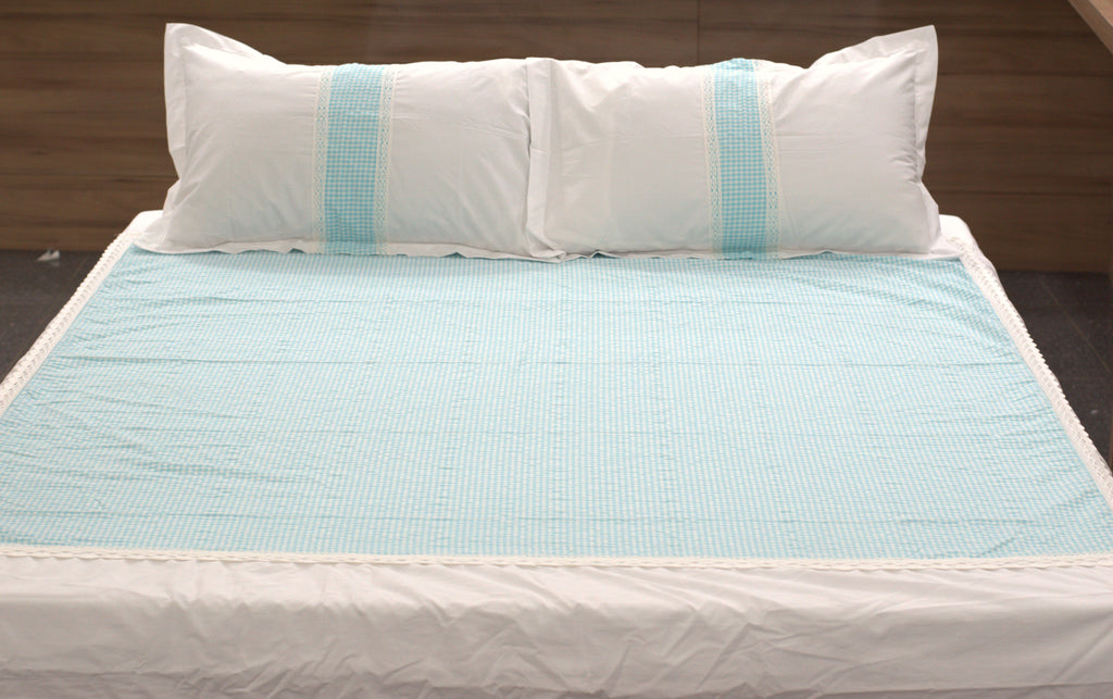 King Size Cotton Bedsheet with 2 Pillow Covers | White & Sky Blue Checked Design | Elegant Lace Border