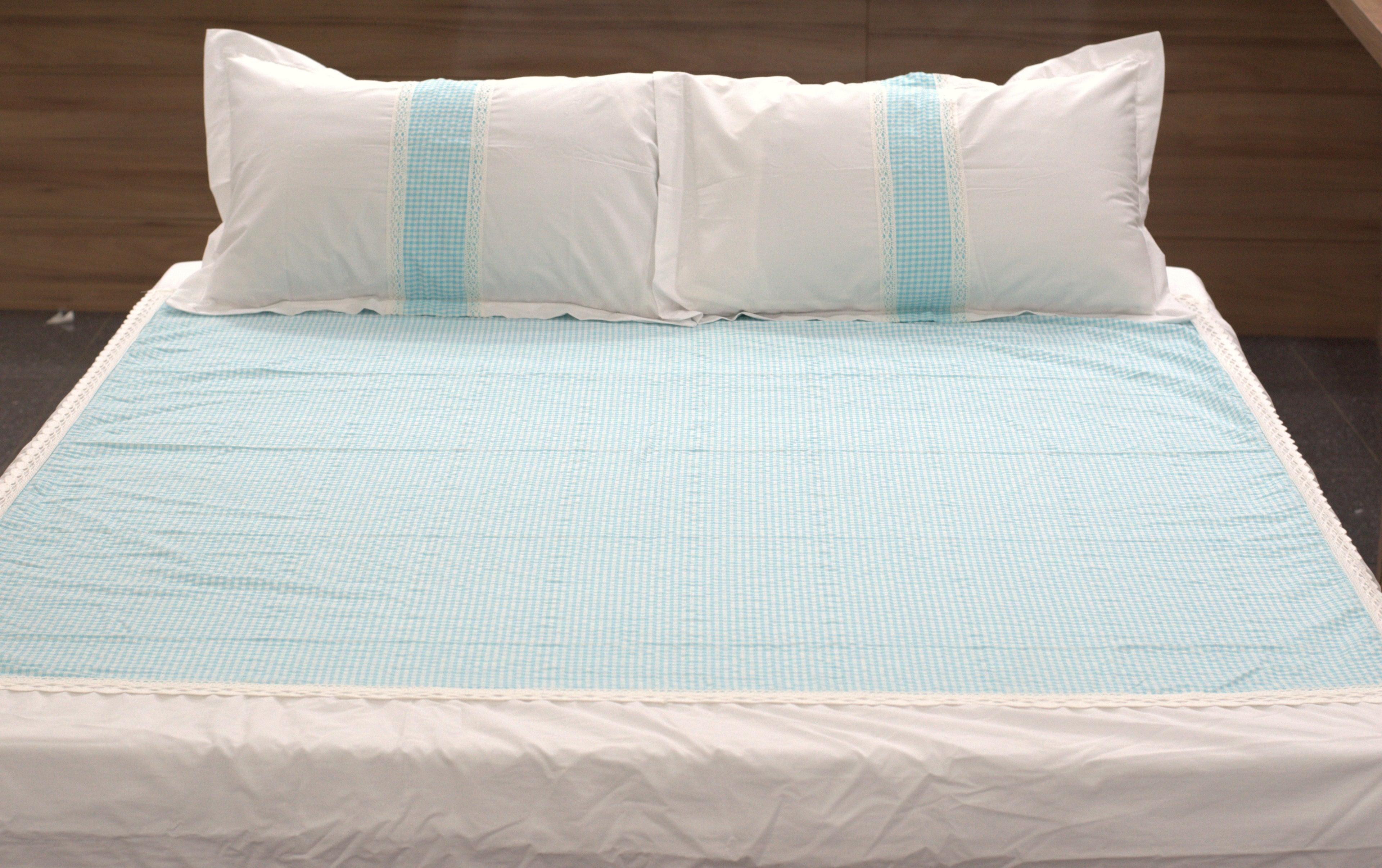 King Size Cotton Bedsheet with 2 Pillow Covers | White & Sky Blue Checked Design | Elegant Lace Border