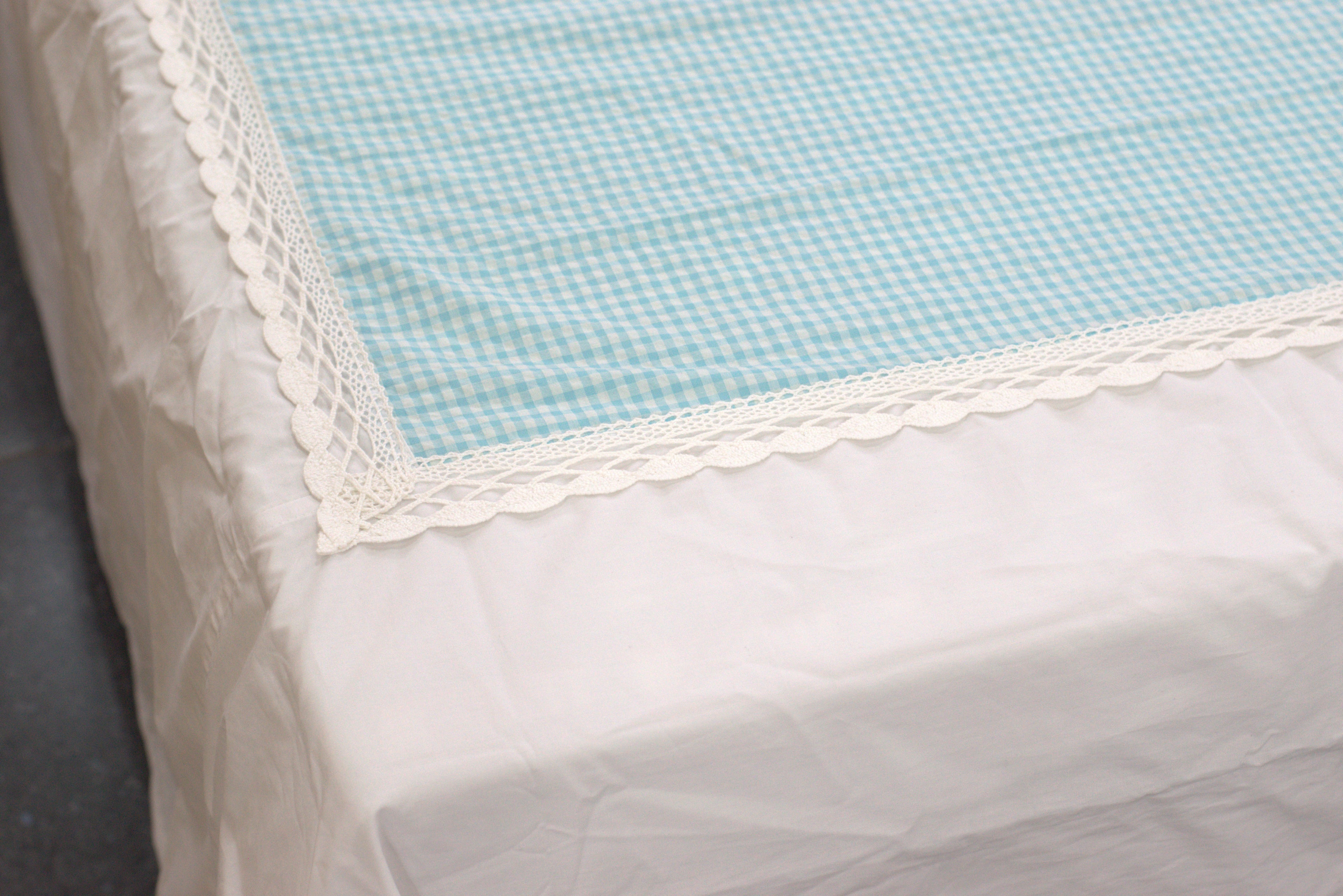 King Size Cotton Bedsheet with 2 Pillow Covers | White & Sky Blue Checked Design | Elegant Lace Border