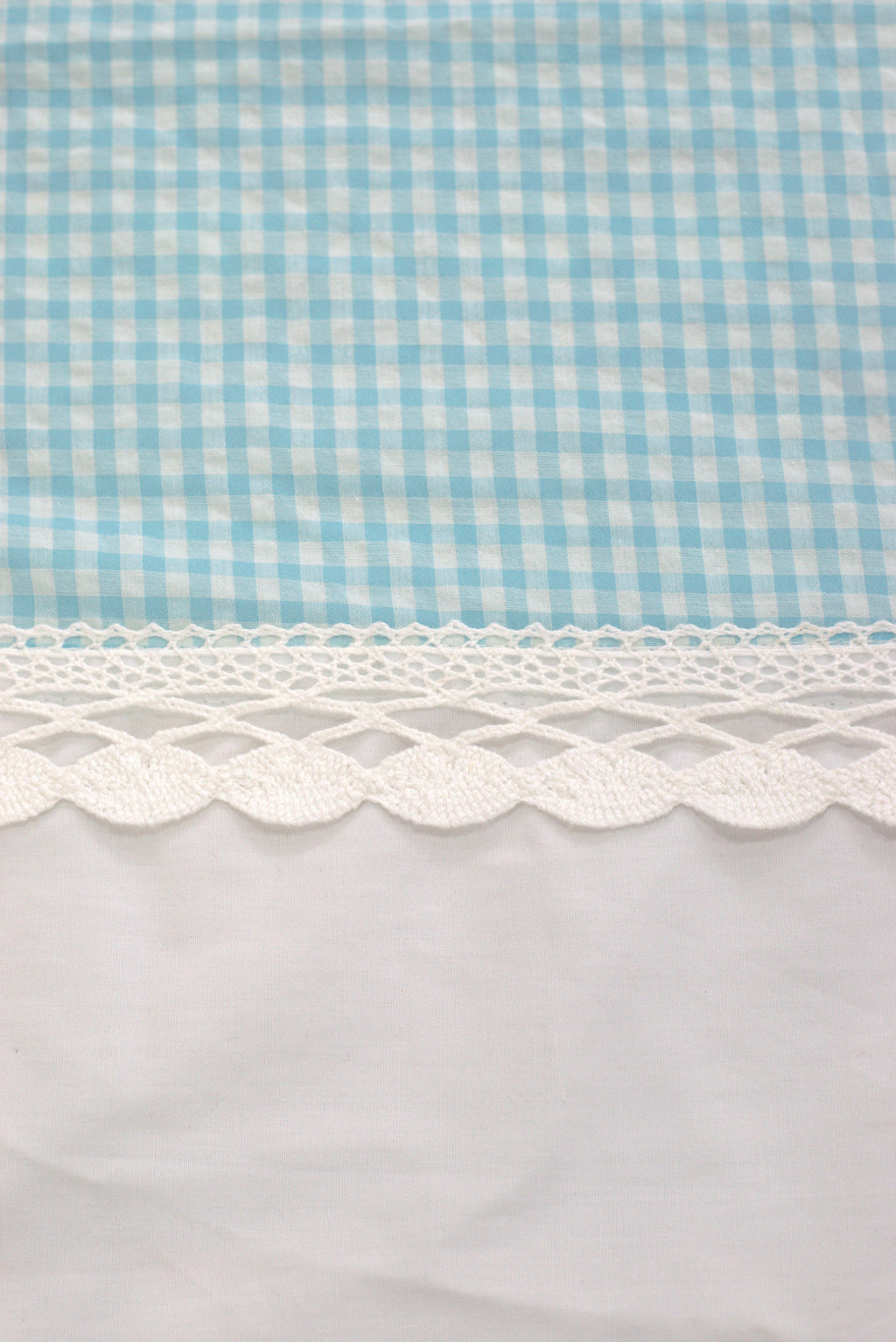 King Size Cotton Bedsheet with 2 Pillow Covers | White & Sky Blue Checked Design | Elegant Lace Border