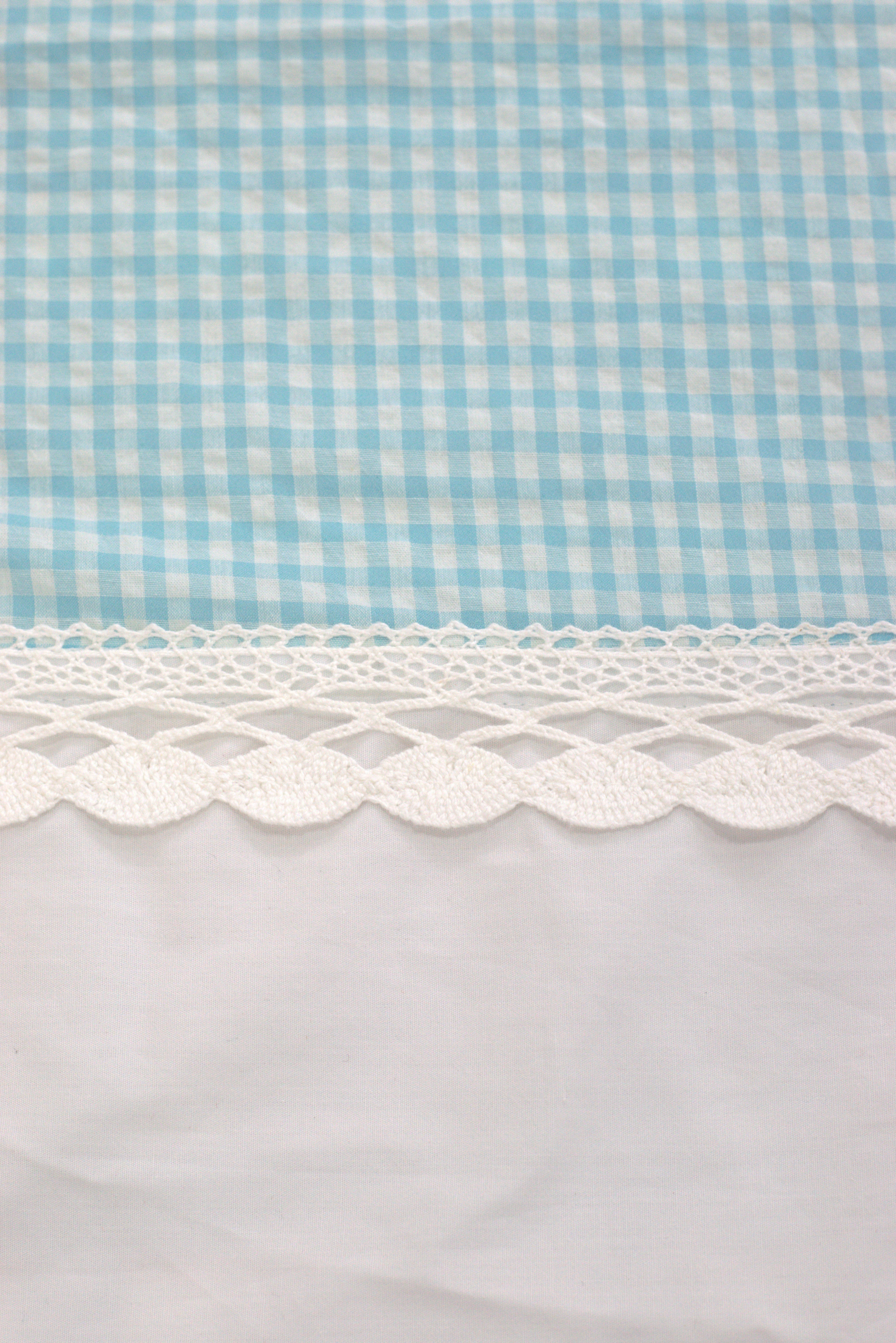 King Size Cotton Bedsheet with 2 Pillow Covers | White & Sky Blue Checked Design | Elegant Lace Border