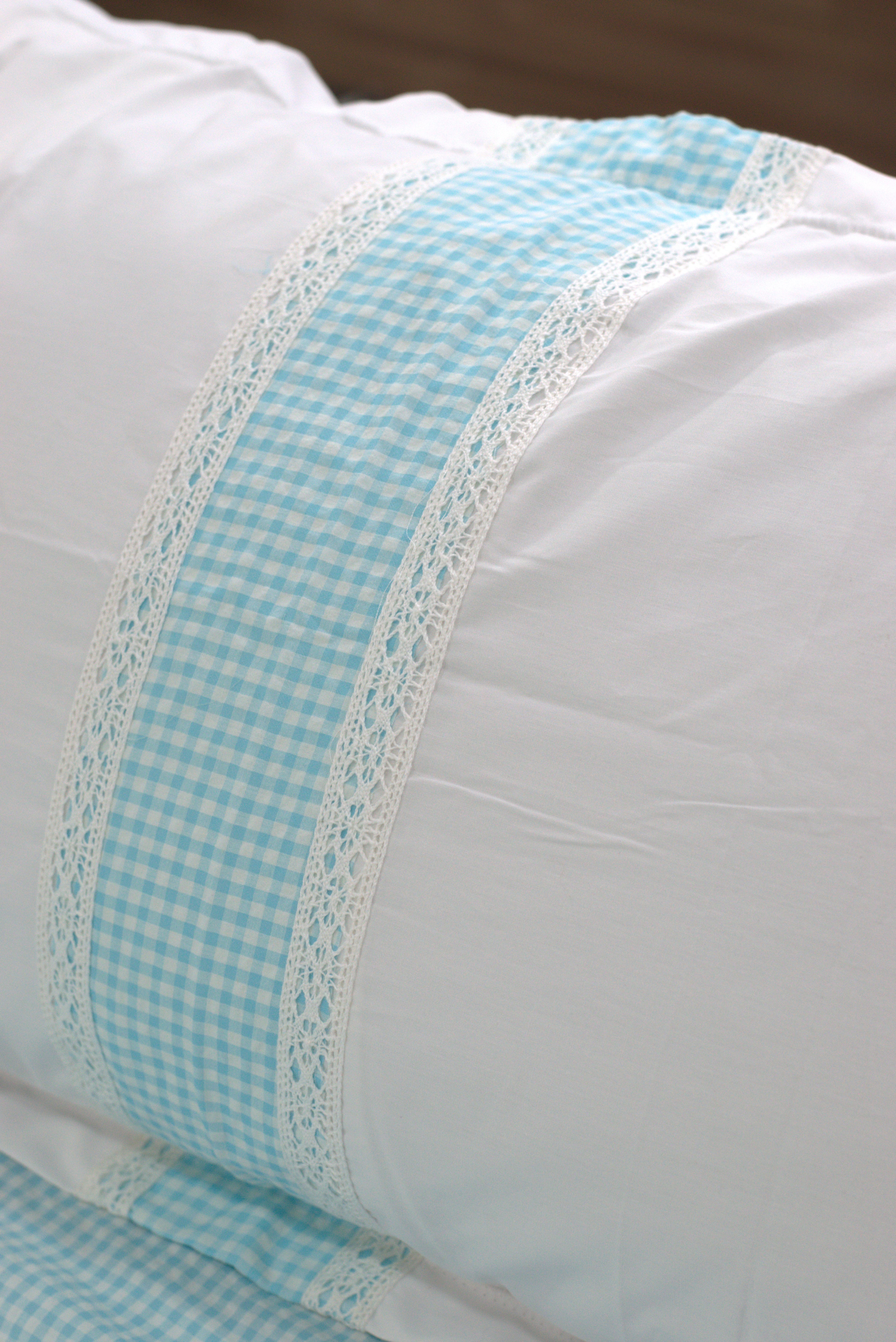 King Size Cotton Bedsheet with 2 Pillow Covers | White & Sky Blue Checked Design | Elegant Lace Border