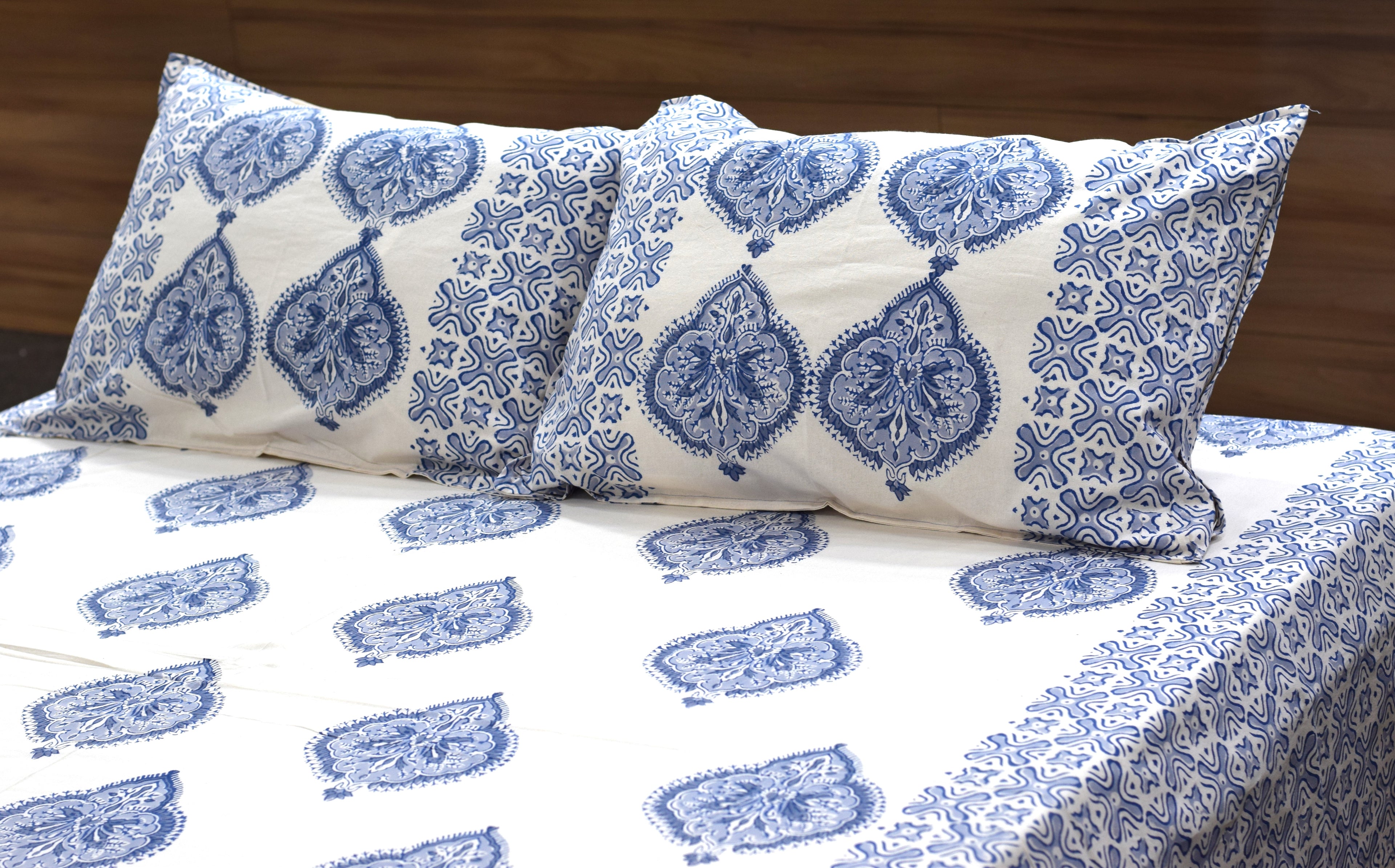 Queen Size Cotton Bedsheet with 2 Pillow Covers | Blue Floral Hand Block Print | 86 x 104 Inches