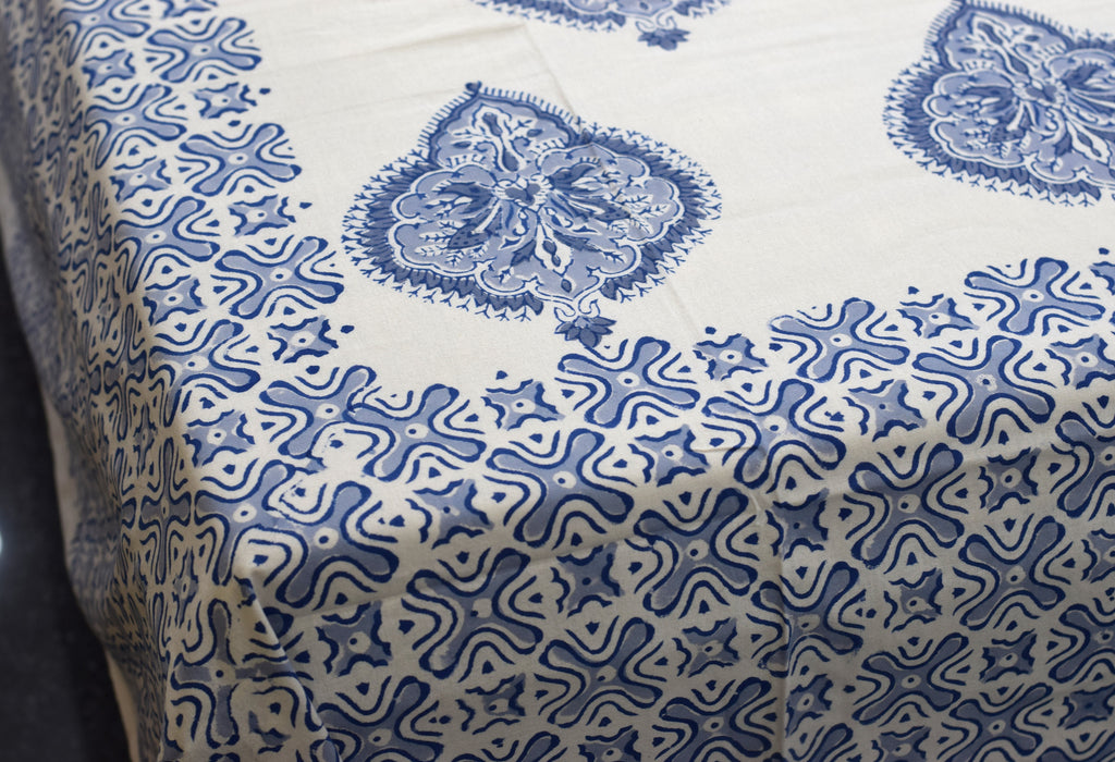 Queen Size Cotton Bedsheet with 2 Pillow Covers | Blue Floral Hand Block Print | 86 x 104 Inches
