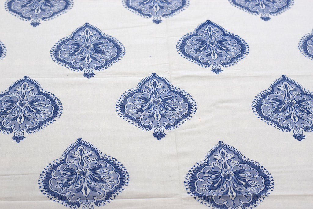 Queen Size Cotton Bedsheet with 2 Pillow Covers | Blue Floral Hand Block Print | 86 x 104 Inches