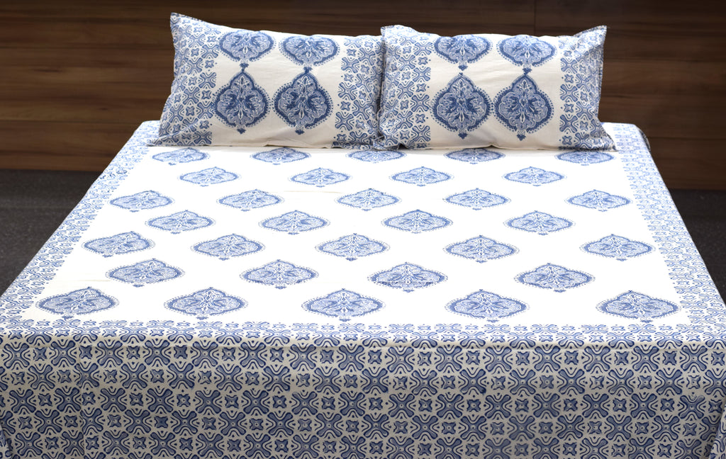 Queen Size Cotton Bedsheet with 2 Pillow Covers | Blue Floral Hand Block Print | 86 x 104 Inches