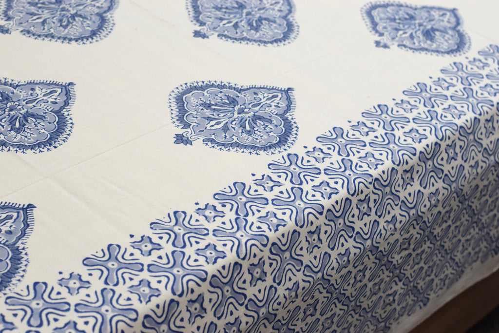 Queen Size Cotton Bedsheet with 2 Pillow Covers | Blue Floral Hand Block Print | 86 x 104 Inches