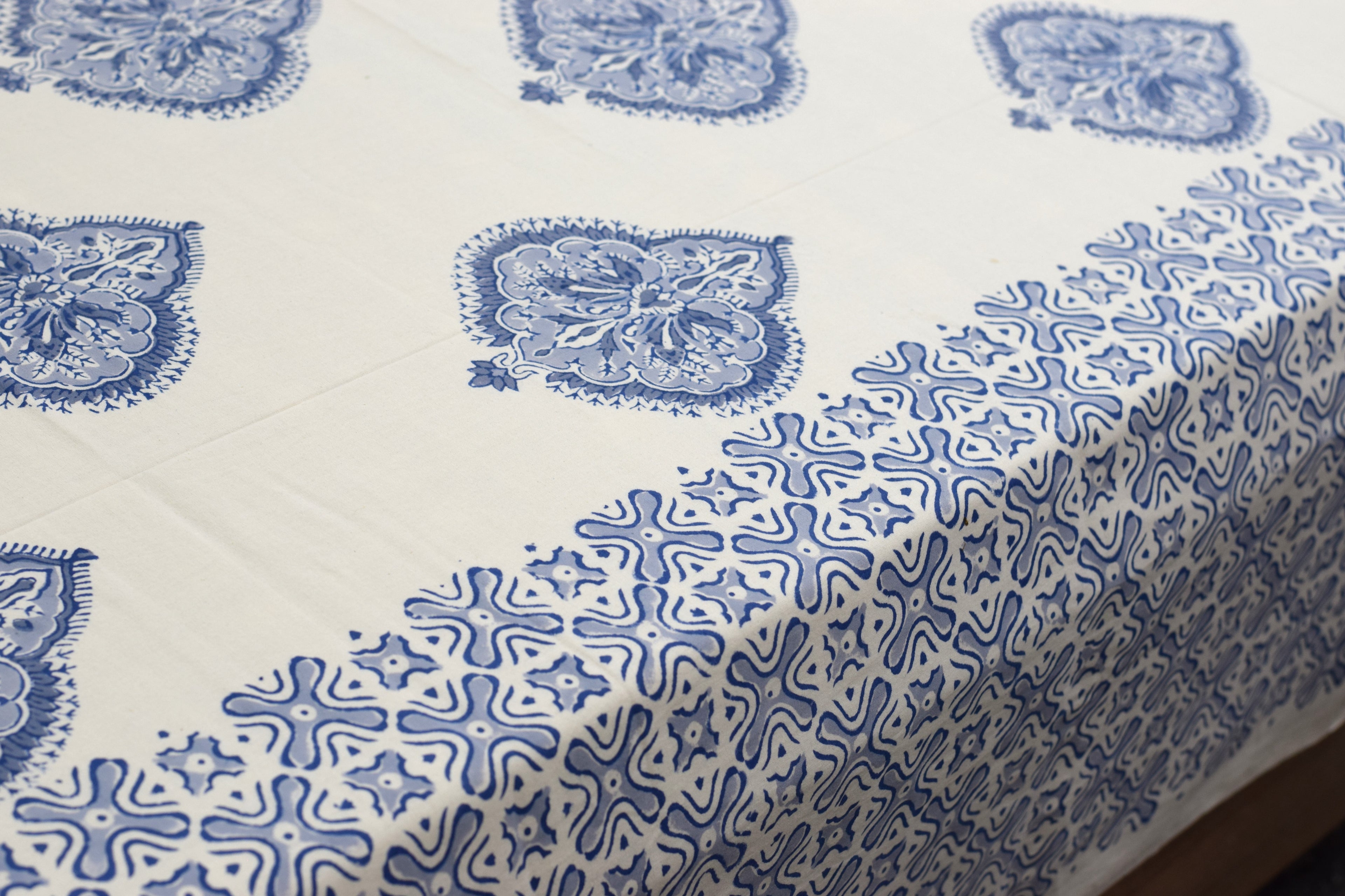Queen Size Cotton Bedsheet with 2 Pillow Covers | Blue Floral Hand Block Print | 86 x 104 Inches
