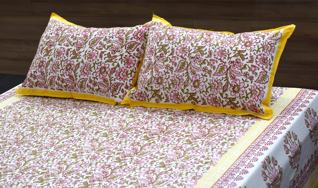 Queen Size Cotton Floral Bedsheet with 2 Pillow Covers – Pink & Yellow Hand Block Print | 86 x 104 Inches
